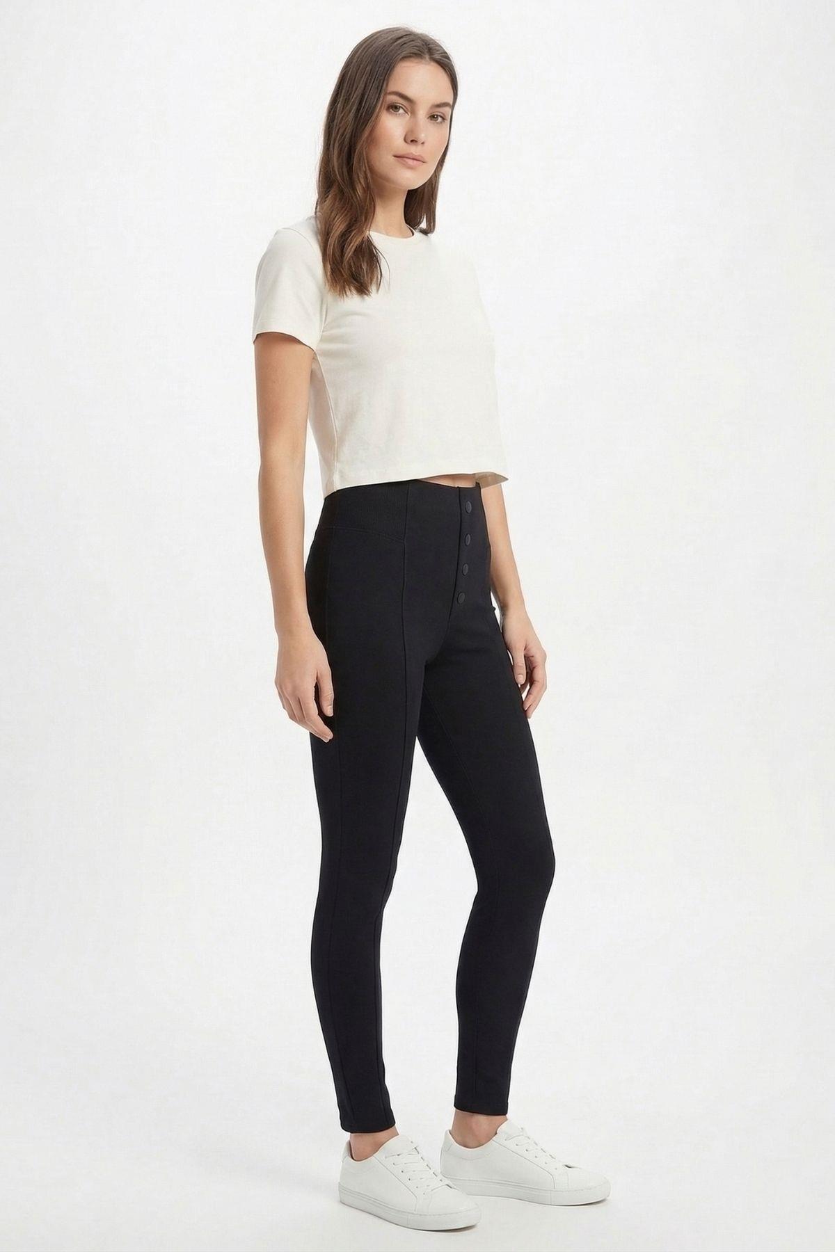 2067 Düğme Detay Yan Lastik Tayt Siyah - RAYS (1)