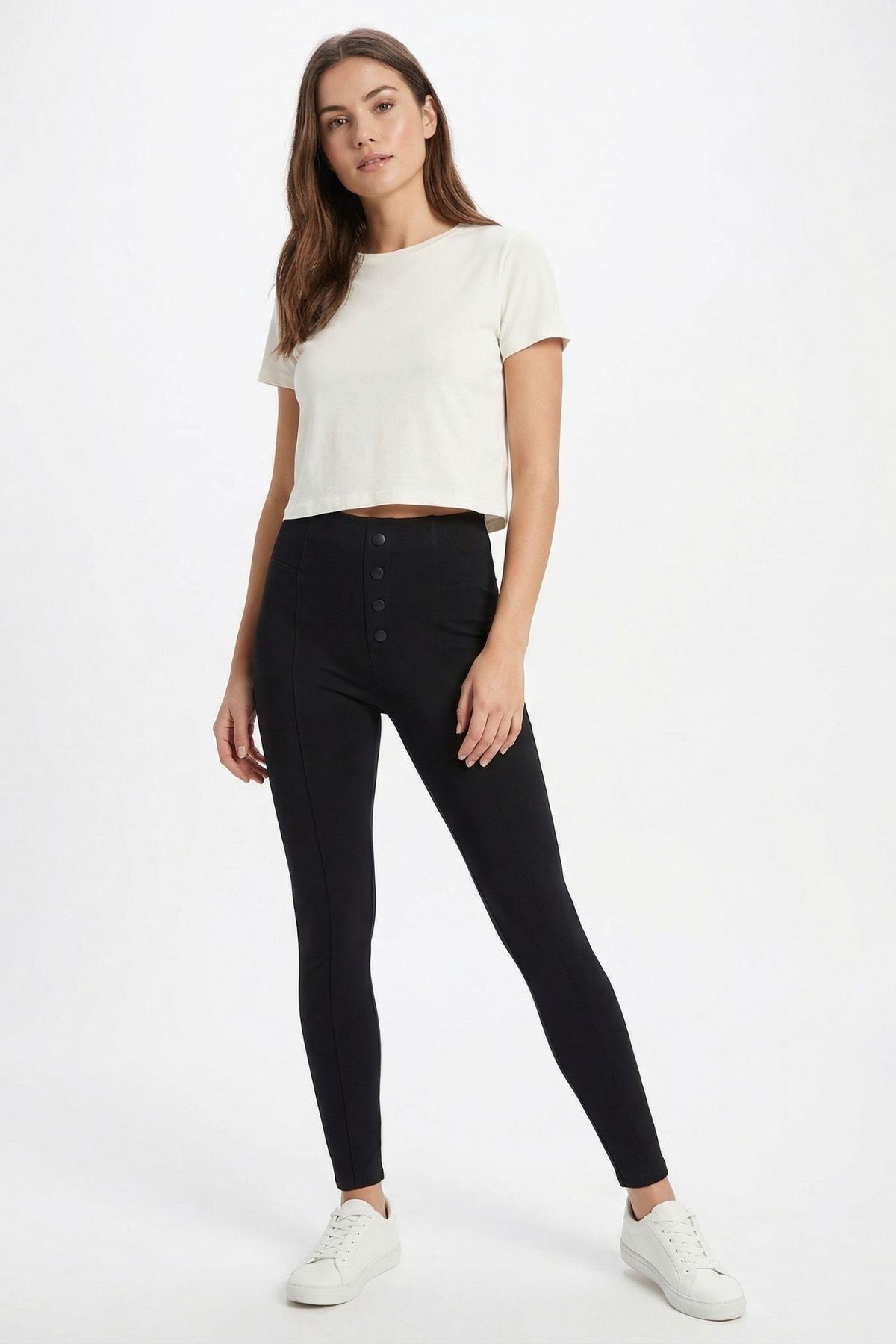 Siyah Düğme Detay Yan Lastik Tayt 2067 - 1