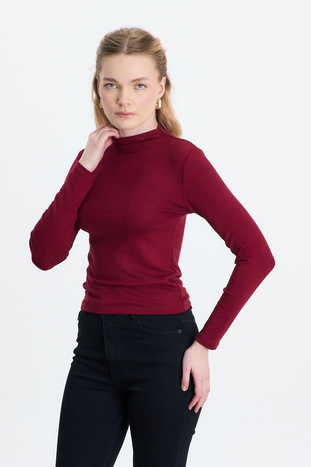 Bordo Yarım Boğaz Uzun Kollu Body 2069 - 6