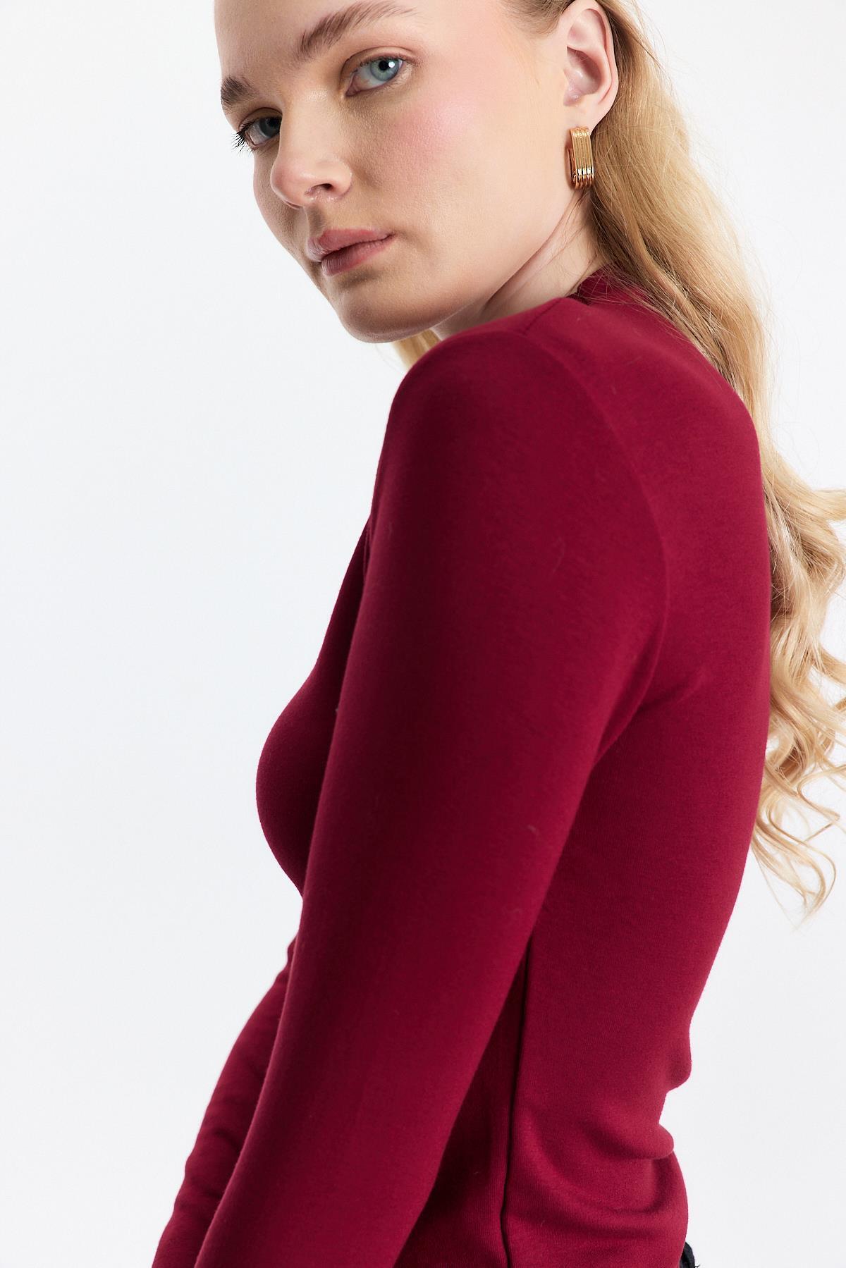 Bordo Yarım Boğaz Uzun Kollu Body 2069 - 4