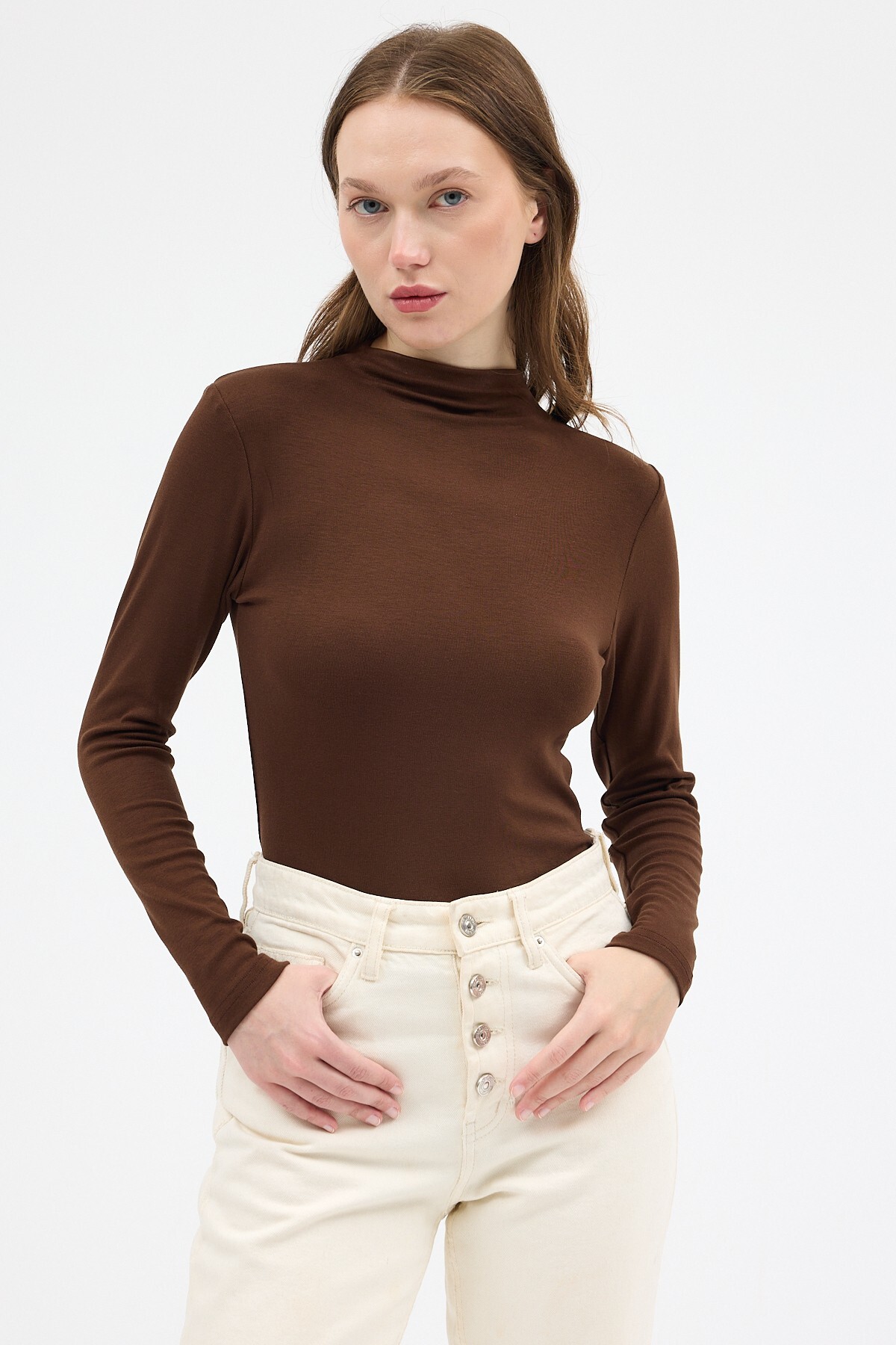 Kahve Yarım Boğaz Uzun Kollu Body 2069 - RAYS