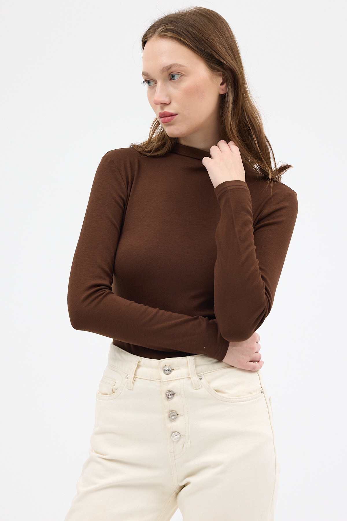 Kahve Yarım Boğaz Uzun Kollu Body 2069 - 6