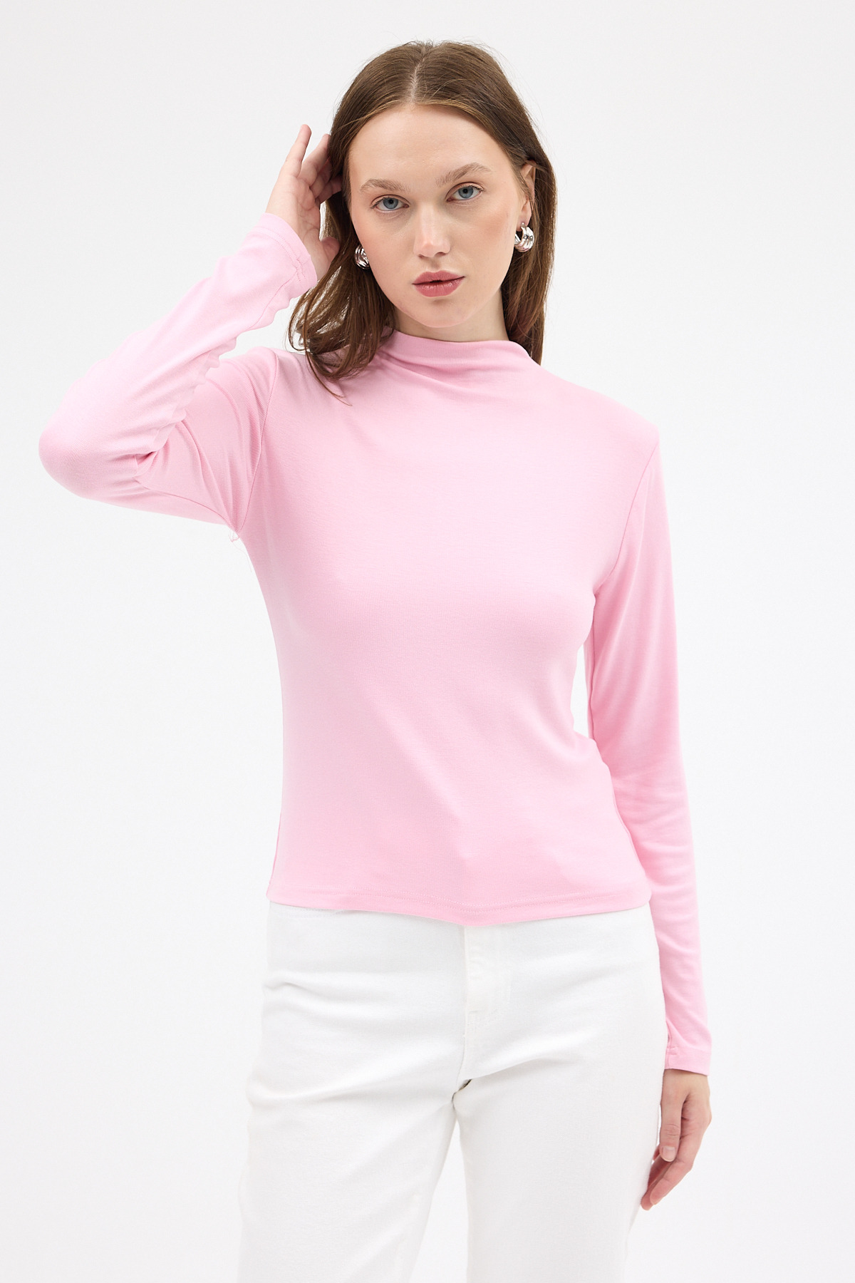 Pembe Yarım Boğaz Uzun Kollu Body 2069 