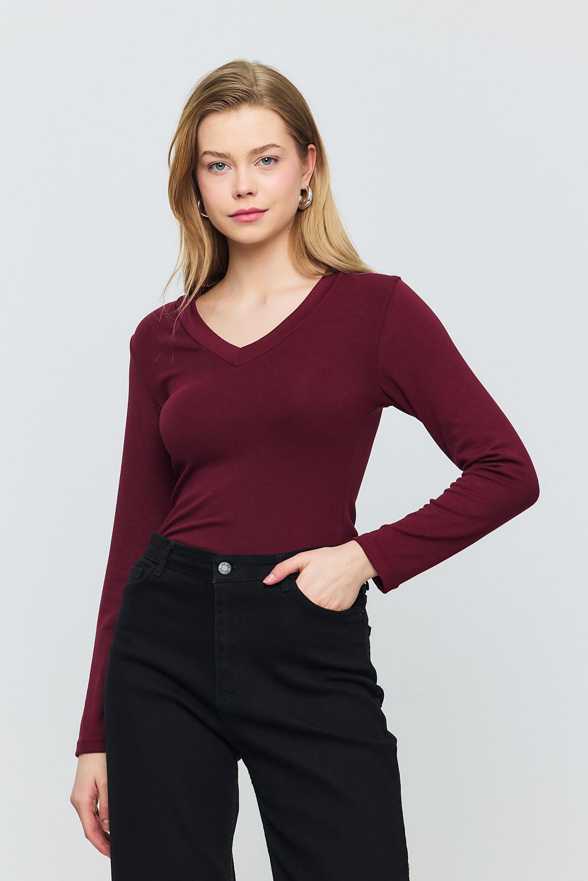 2070 V Yaka Uzun Kol Bluz Bordo - 6