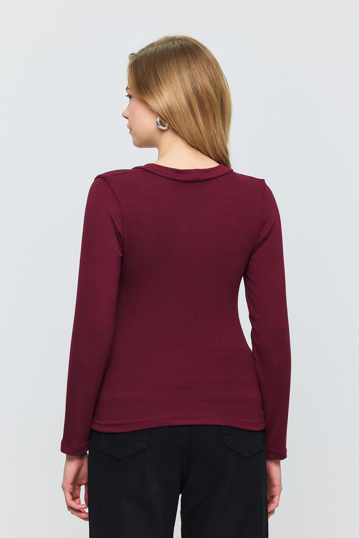 2070 V Yaka Uzun Kol Bluz Bordo - 5
