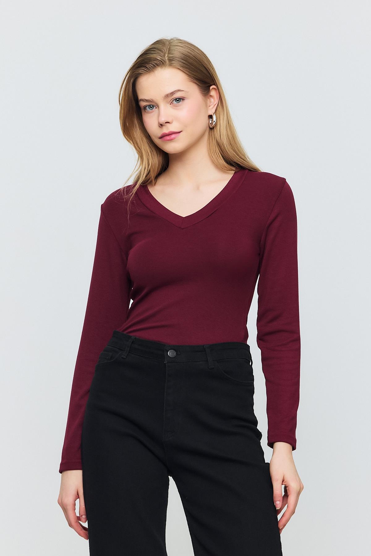 Bordo V Yaka Uzun Kol Bluz 2070 - 2