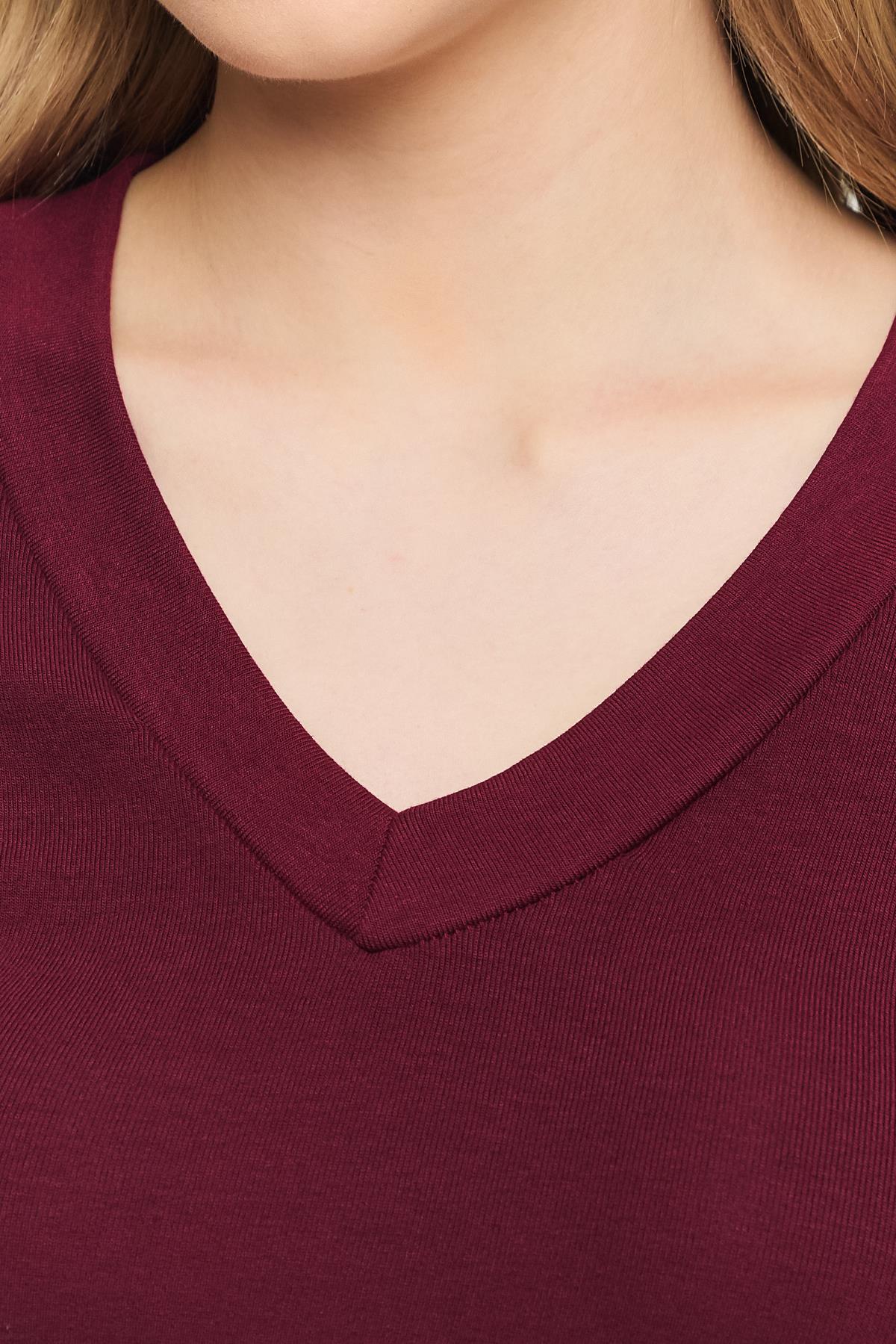 Bordo V Yaka Uzun Kol Bluz 2070 - 4