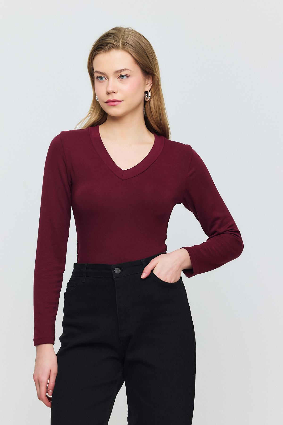 Bordo V Yaka Uzun Kol Bluz 2070 - 1