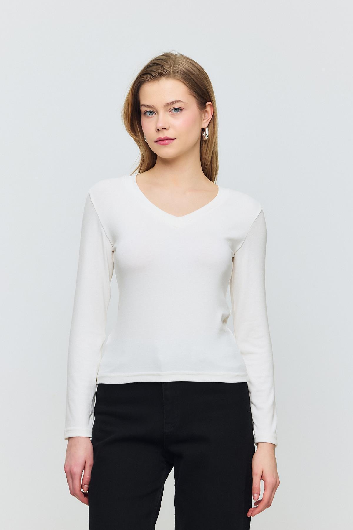 2070 V Yaka Uzun Kol Bluz Ekru - RAYS