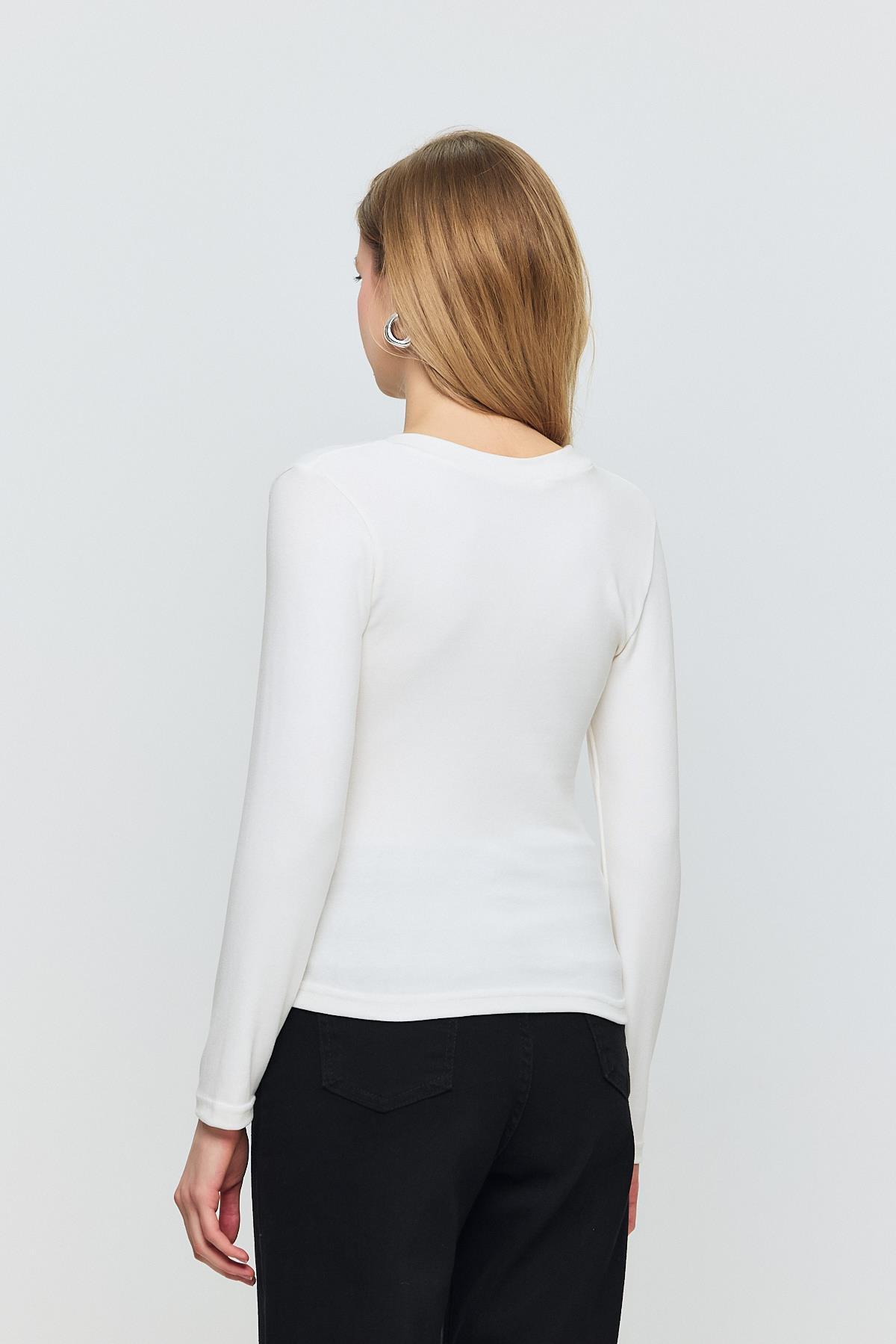 2070 V Yaka Uzun Kol Bluz Ekru - 5