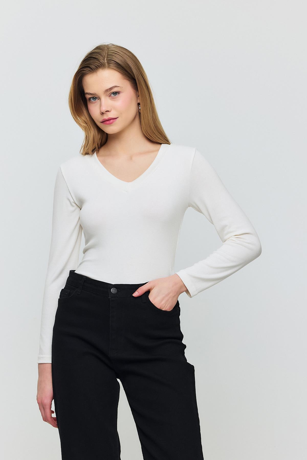 2070 V Yaka Uzun Kol Bluz Ekru - 7