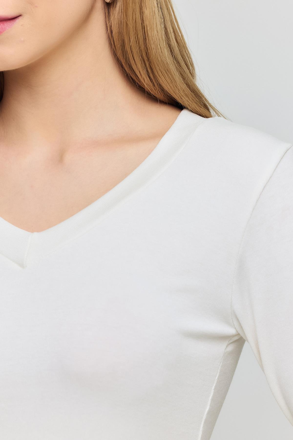 2070 V Yaka Uzun Kol Bluz Ekru - 4