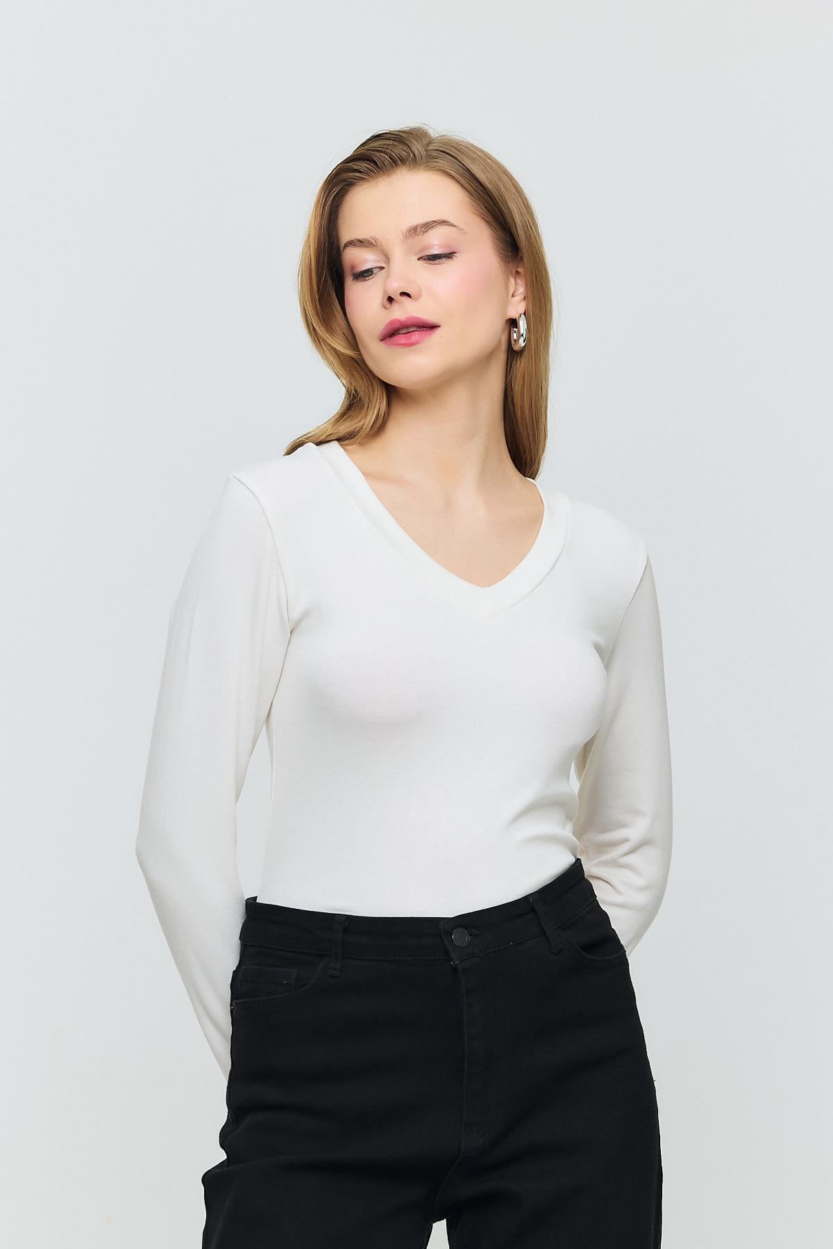 2070 V Yaka Uzun Kol Bluz Ekru - 6