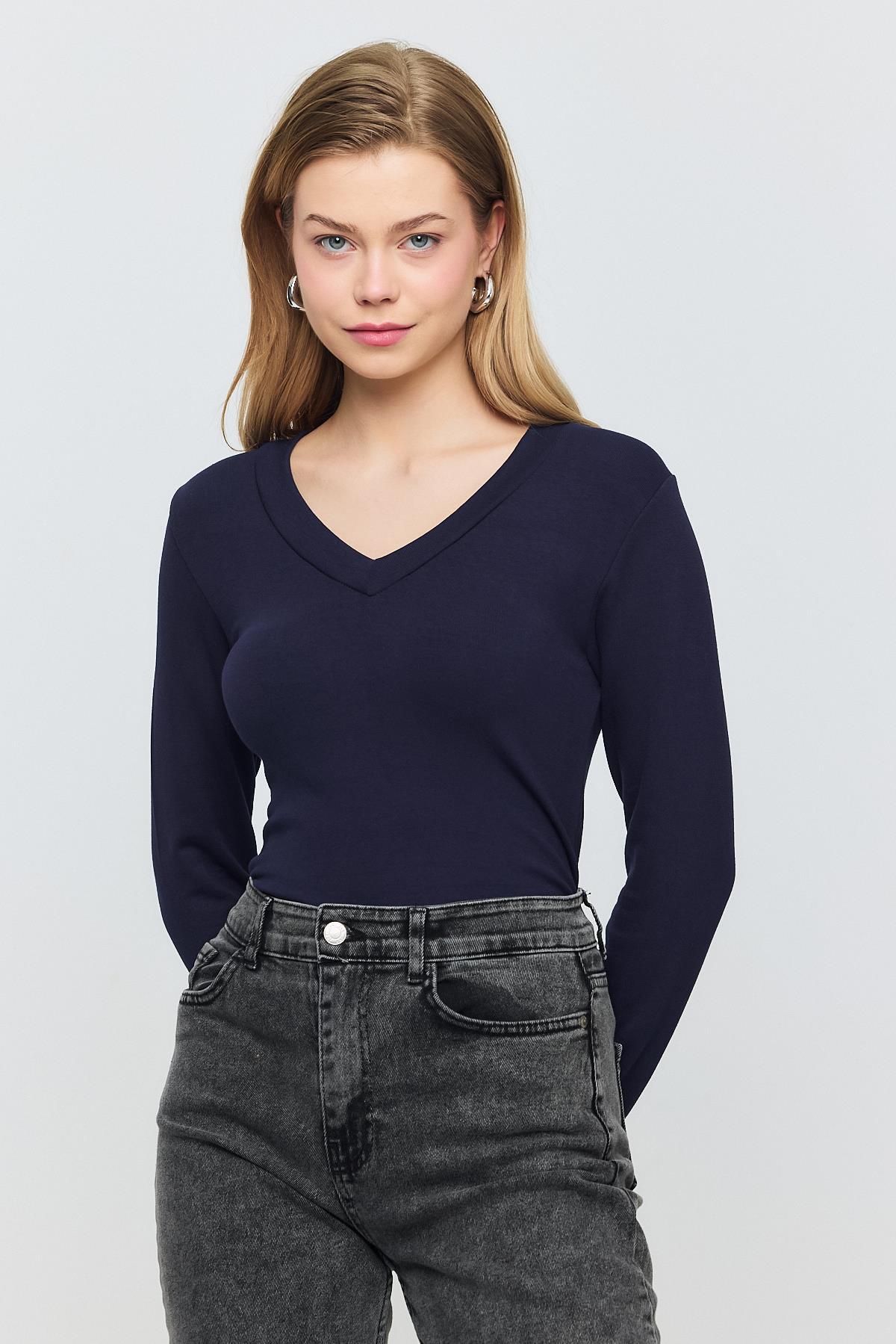 2070 V Yaka Uzun Kol Bluz Laci - 7