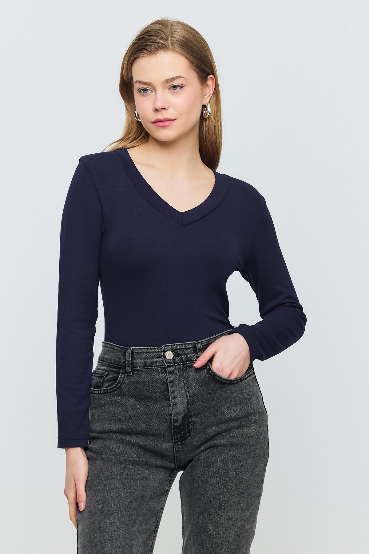 2070 V Yaka Uzun Kol Bluz Laci 