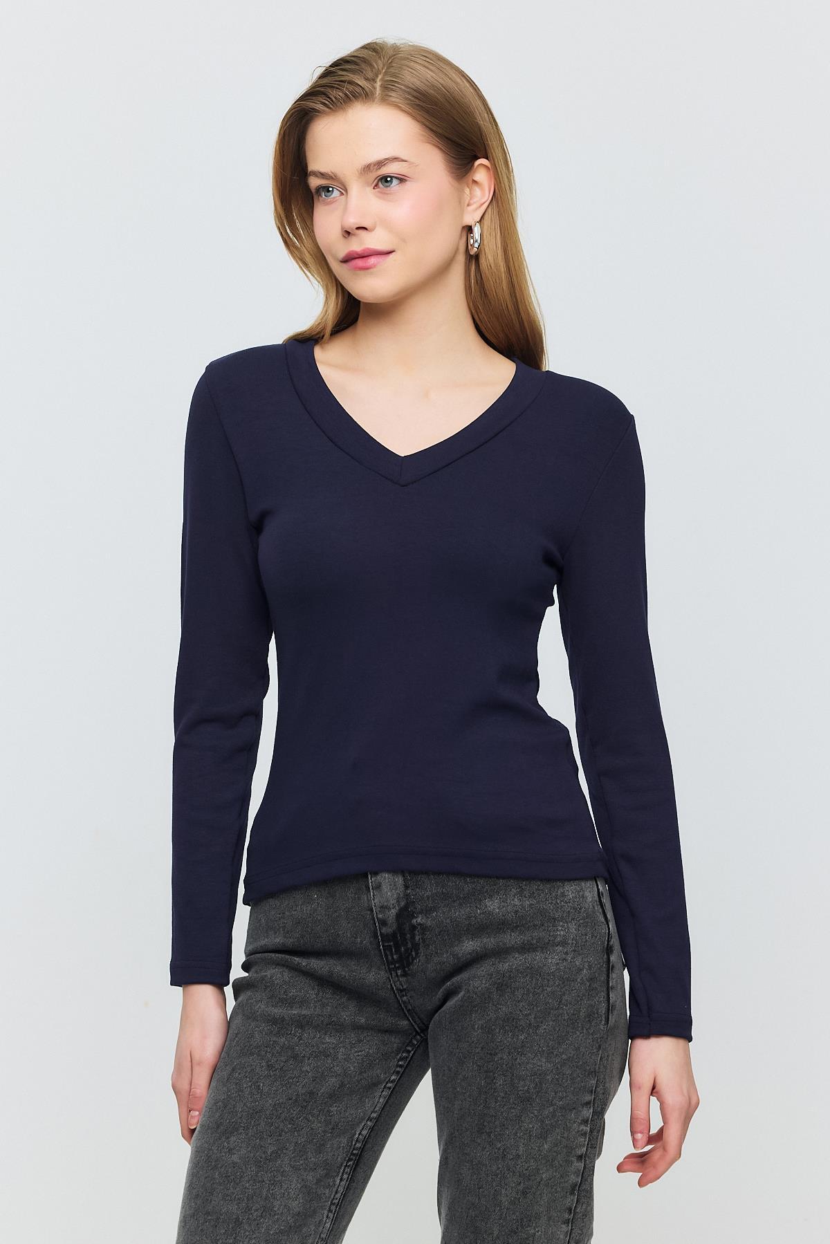 2070 V Yaka Uzun Kol Bluz Laci - 6