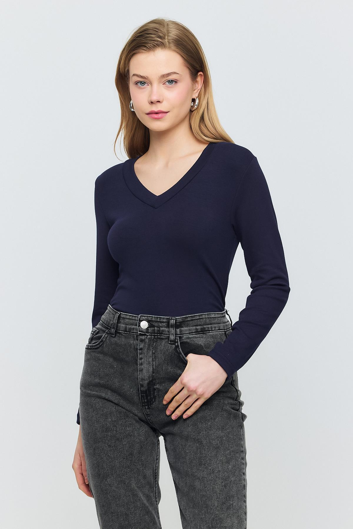 V Yaka Uzun Kol Bluz 2070 Laci - 2