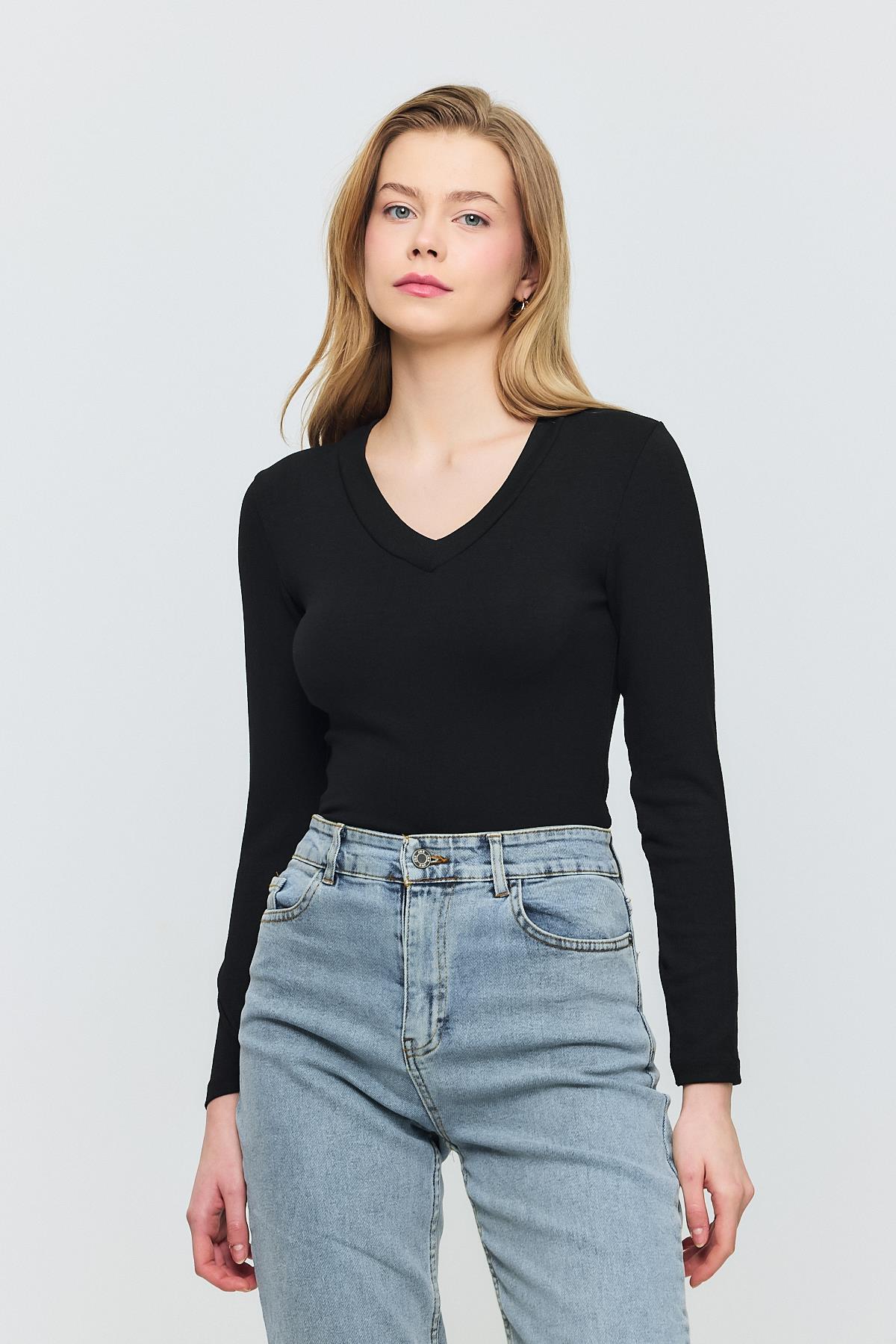 2070 V Yaka Uzun Kol Bluz Siyah - 7