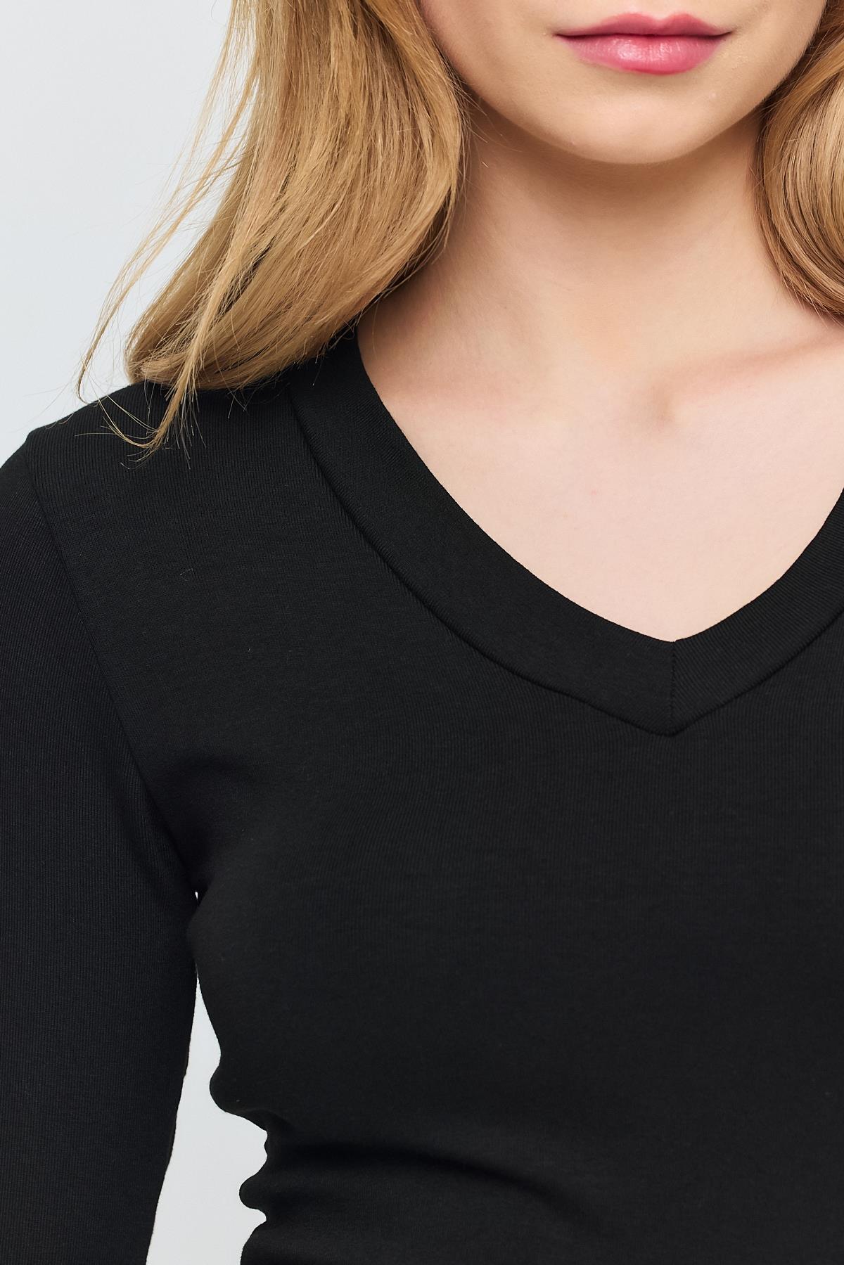 2070 V Yaka Uzun Kol Bluz Siyah - 4