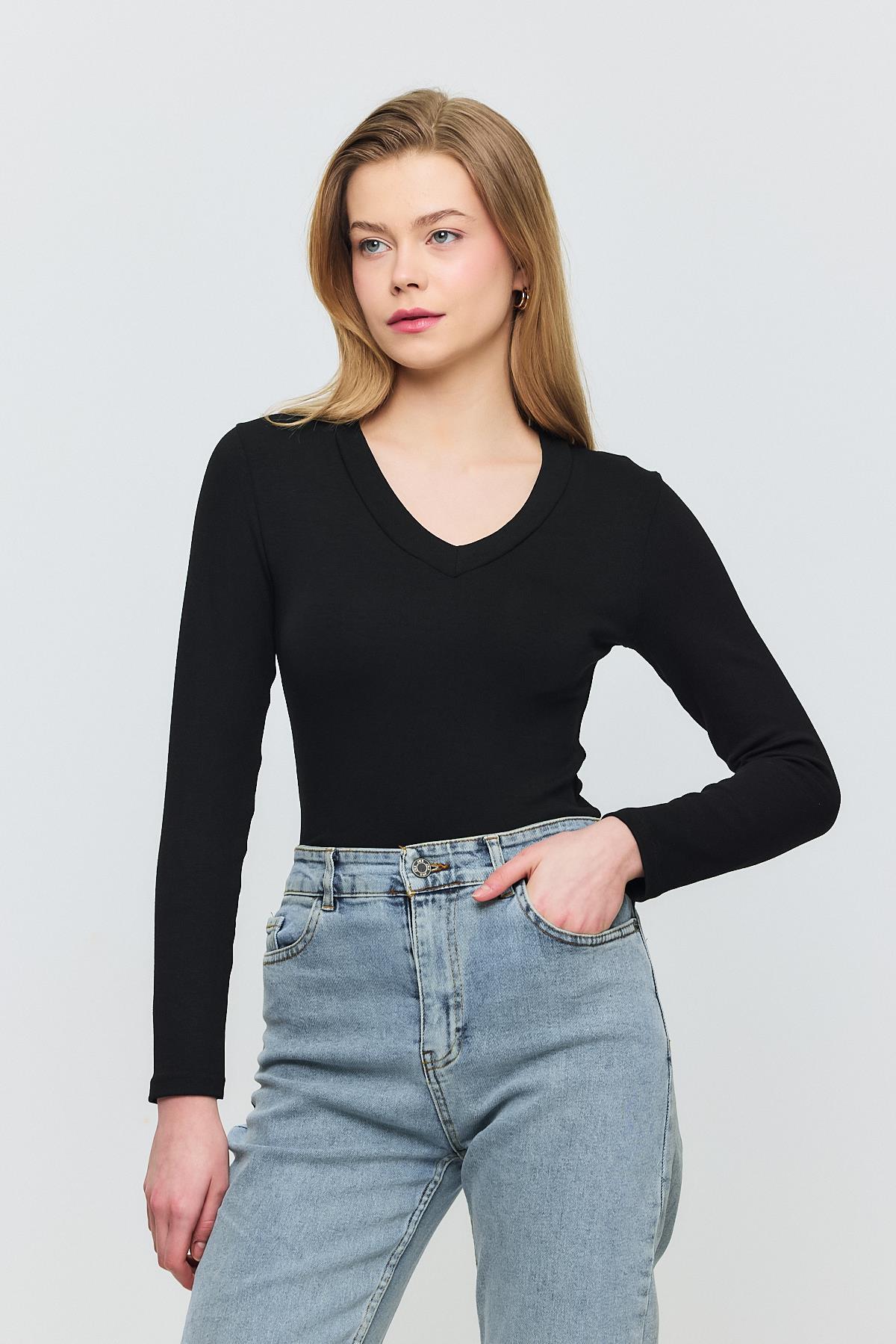 Siyah V Yaka Uzun Kol Bluz 2070 - 1