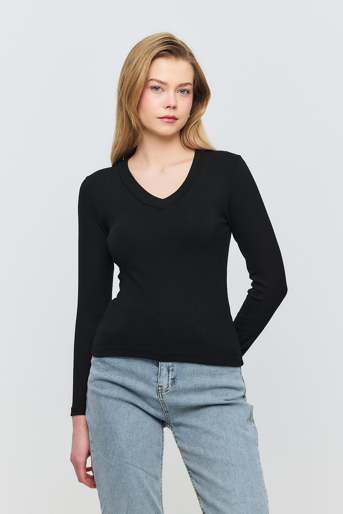 Siyah V Yaka Uzun Kol Bluz 2070 - 3