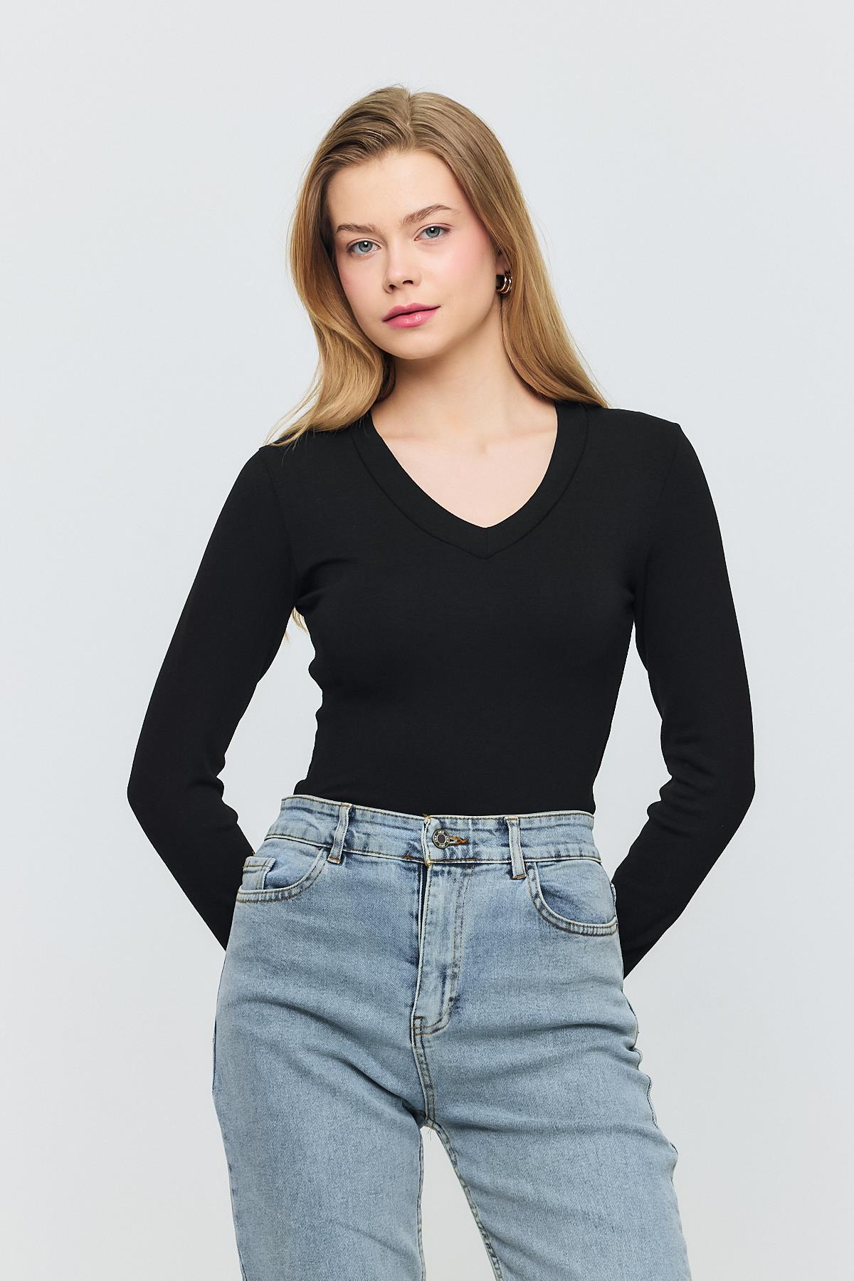 Siyah V Yaka Uzun Kol Bluz 2070 - 6