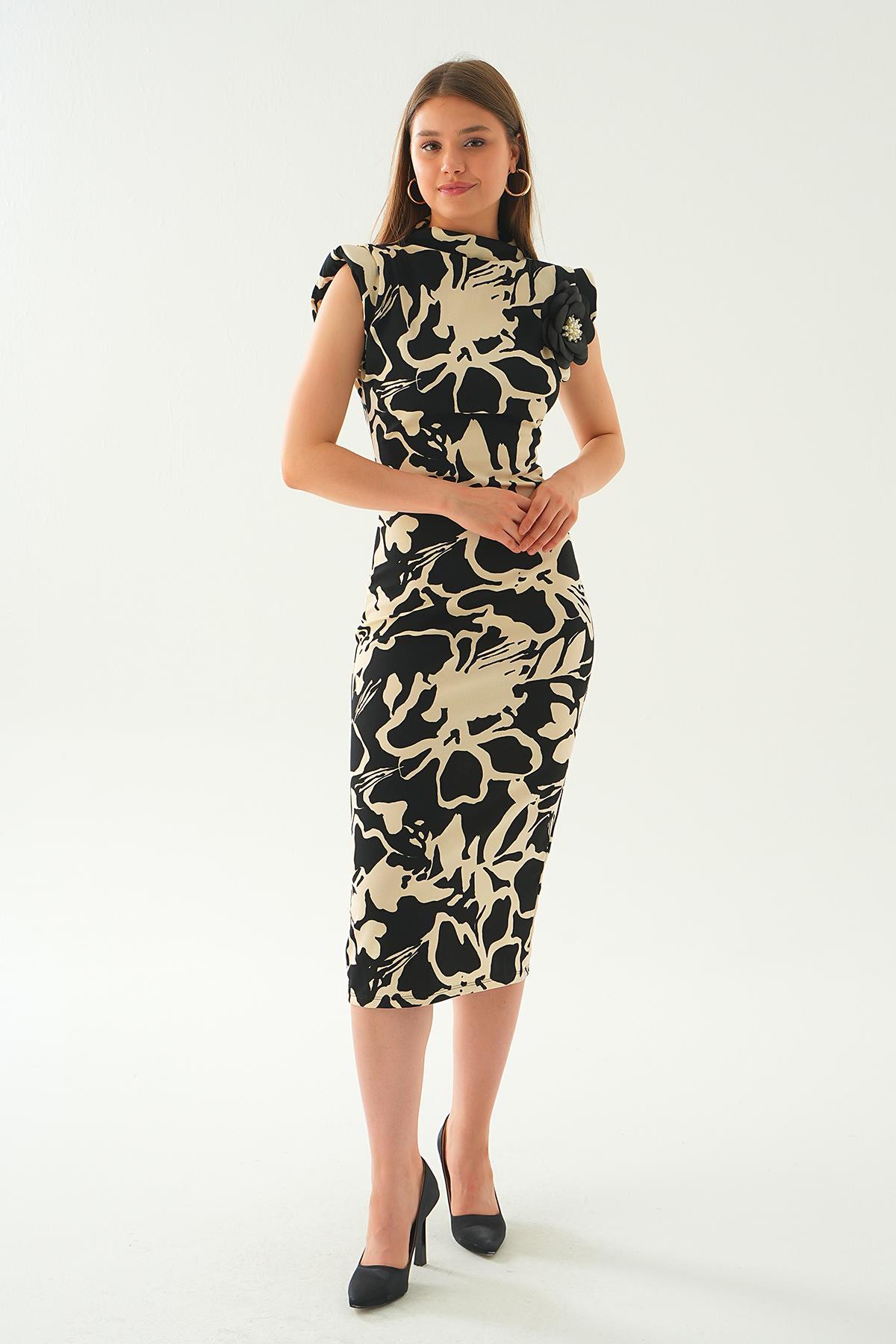 Siyah Gül Detay Desenli Uzun Elbise 2080 - 1