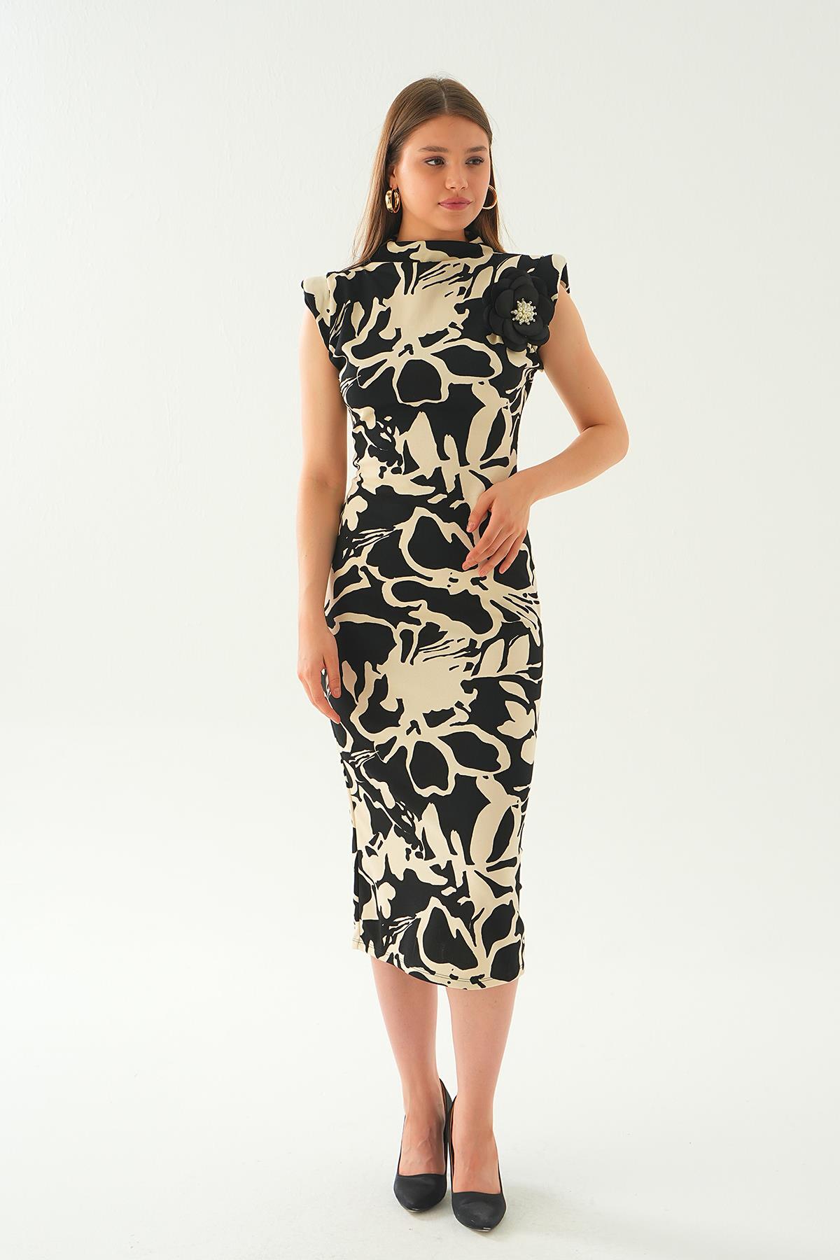 Siyah Gül Detay Desenli Uzun Elbise 2080 - 2