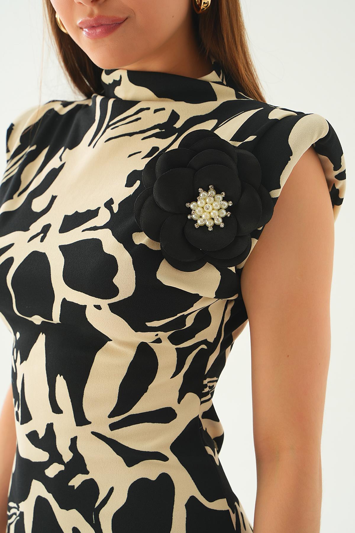 Siyah Gül Detay Desenli Uzun Elbise 2080 - 5