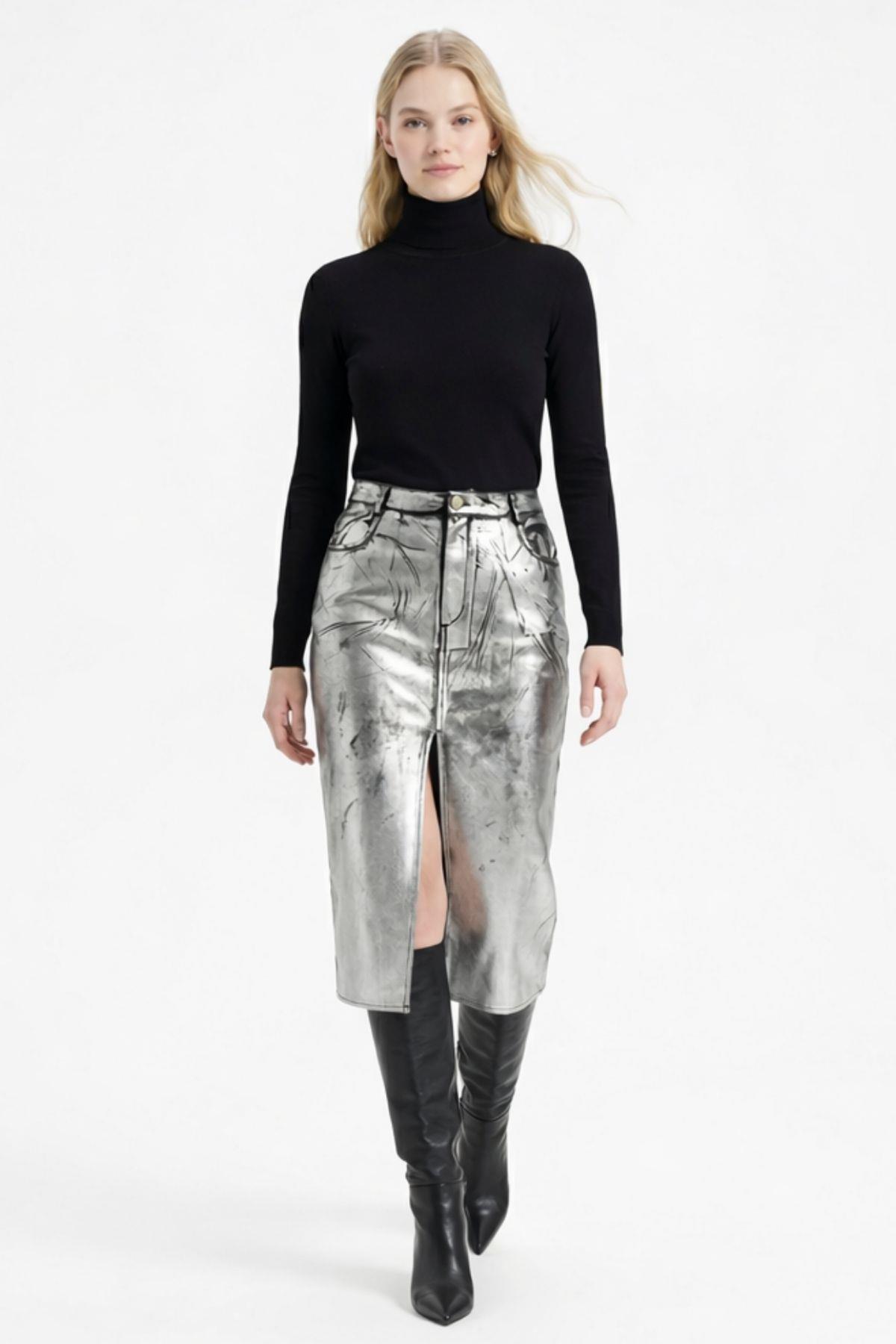 Gümüş Yırtmaçlı Metalik Deri Etek 2088 