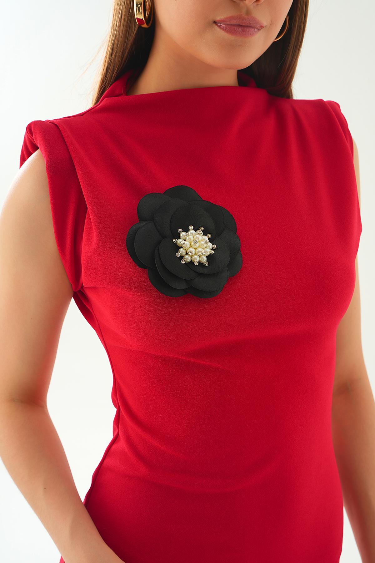 Kırmızı Gül Detay Uzun Elbise 2089 - 5