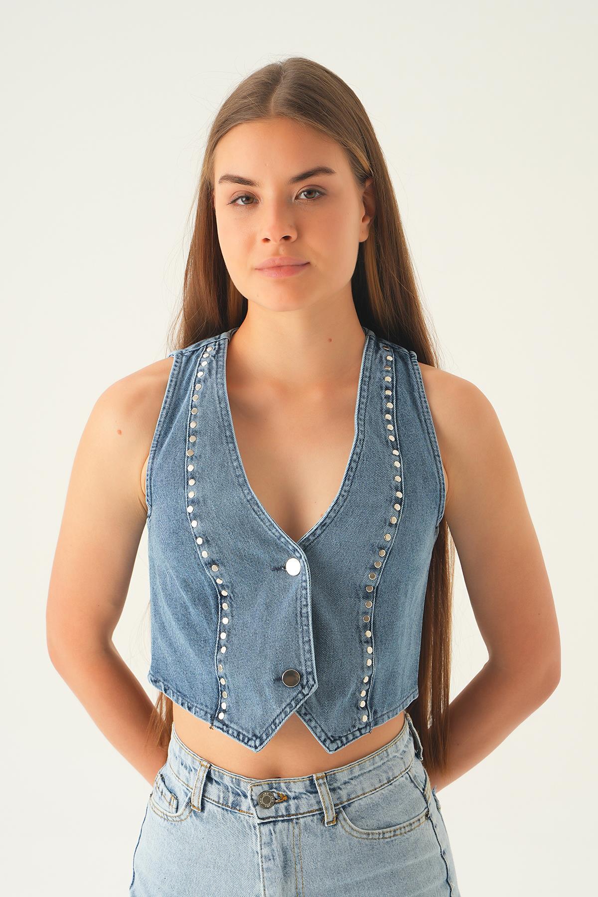 20961 Düğmeli Kot Yelek Mavi - 1