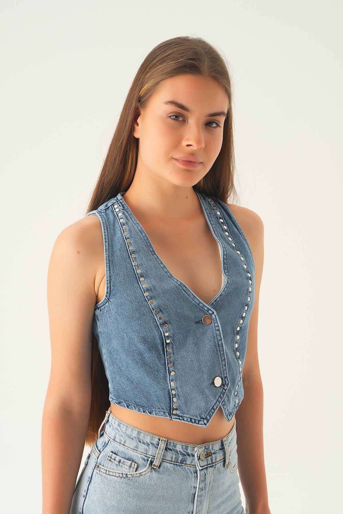 Mavi Düğmeli Kot Yelek 20961 - 4