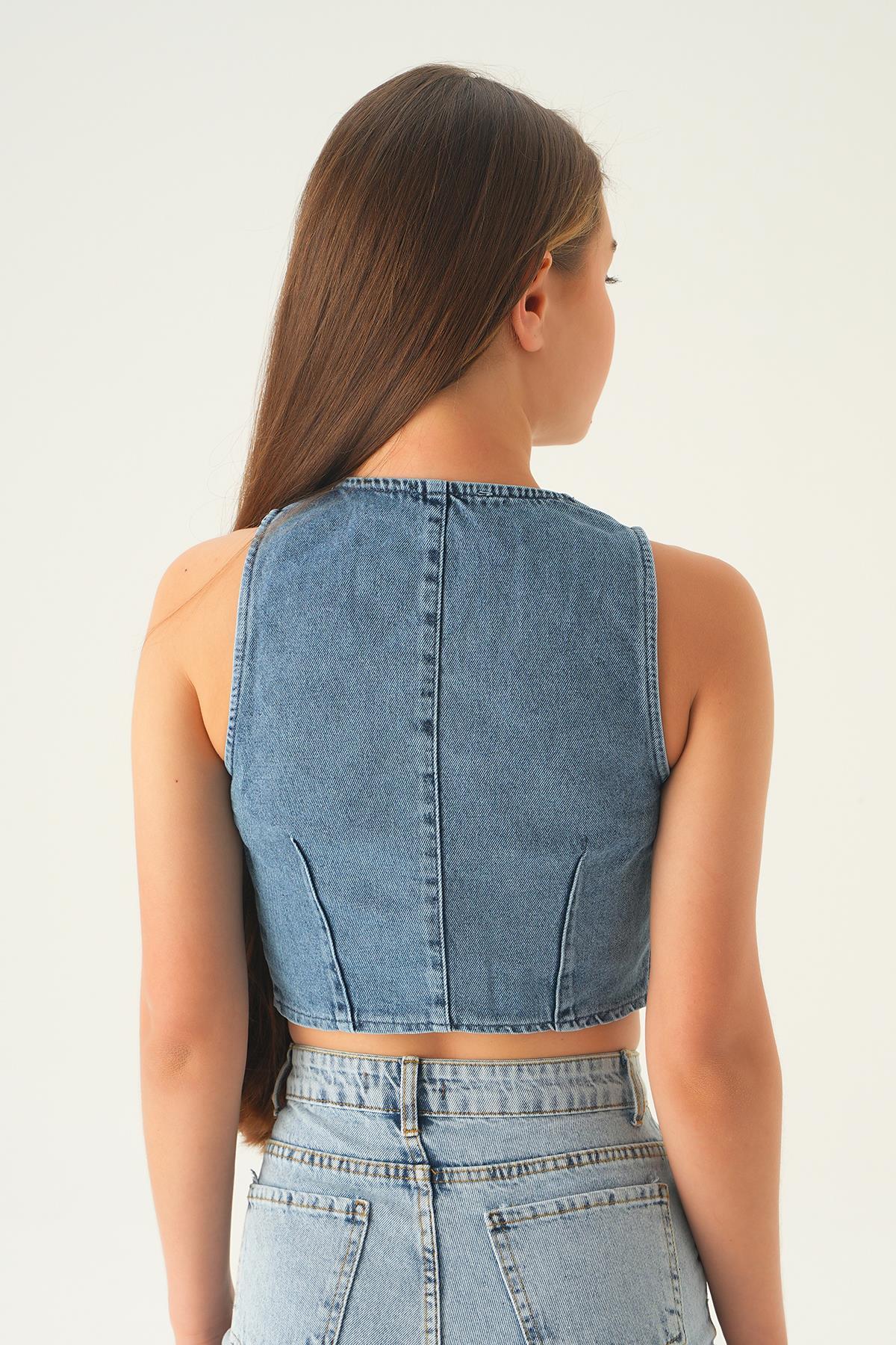 Mavi Düğmeli Kot Yelek 20961 - 5