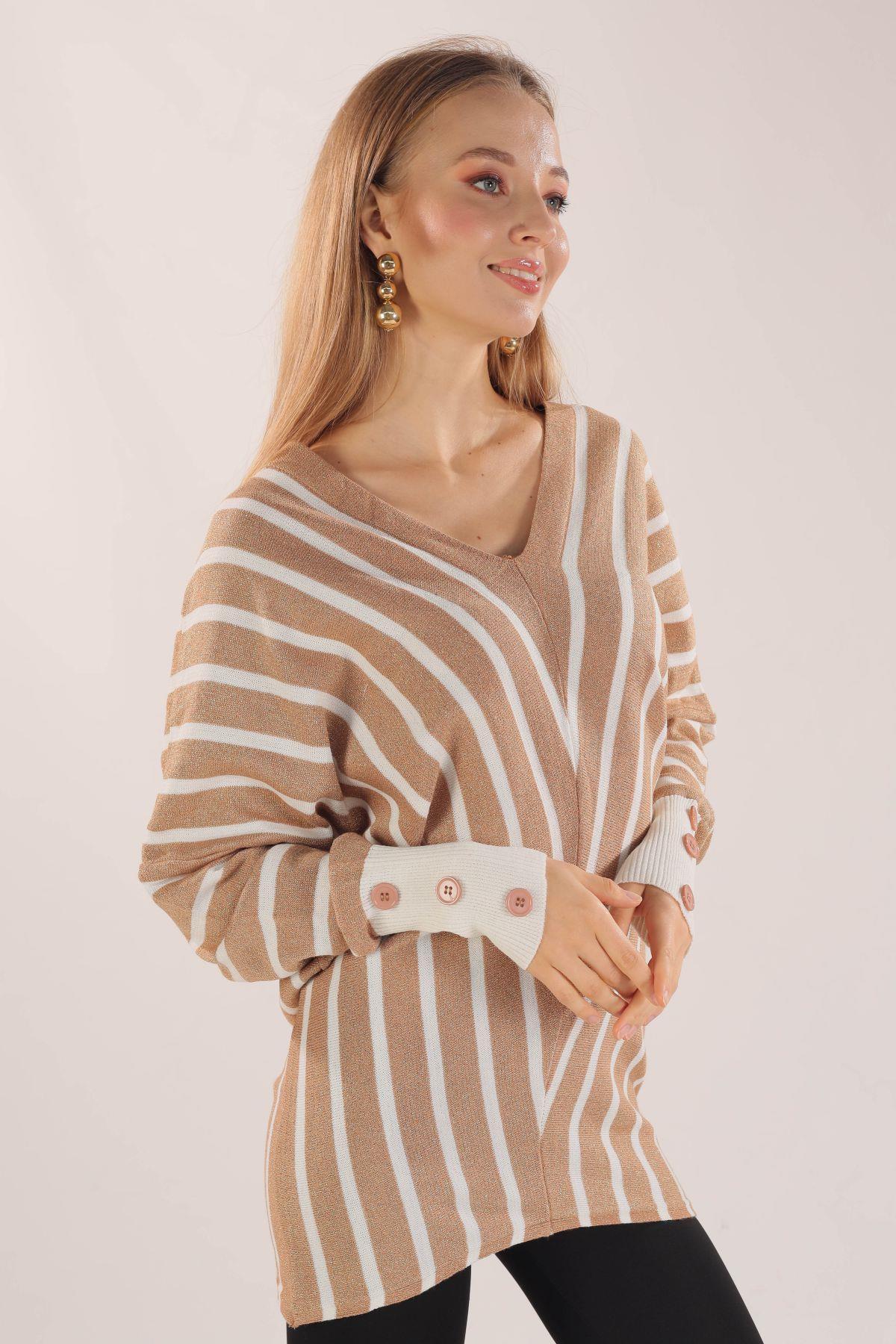 21004 Omuz Zincir Çizgili Kazak Camel - 4