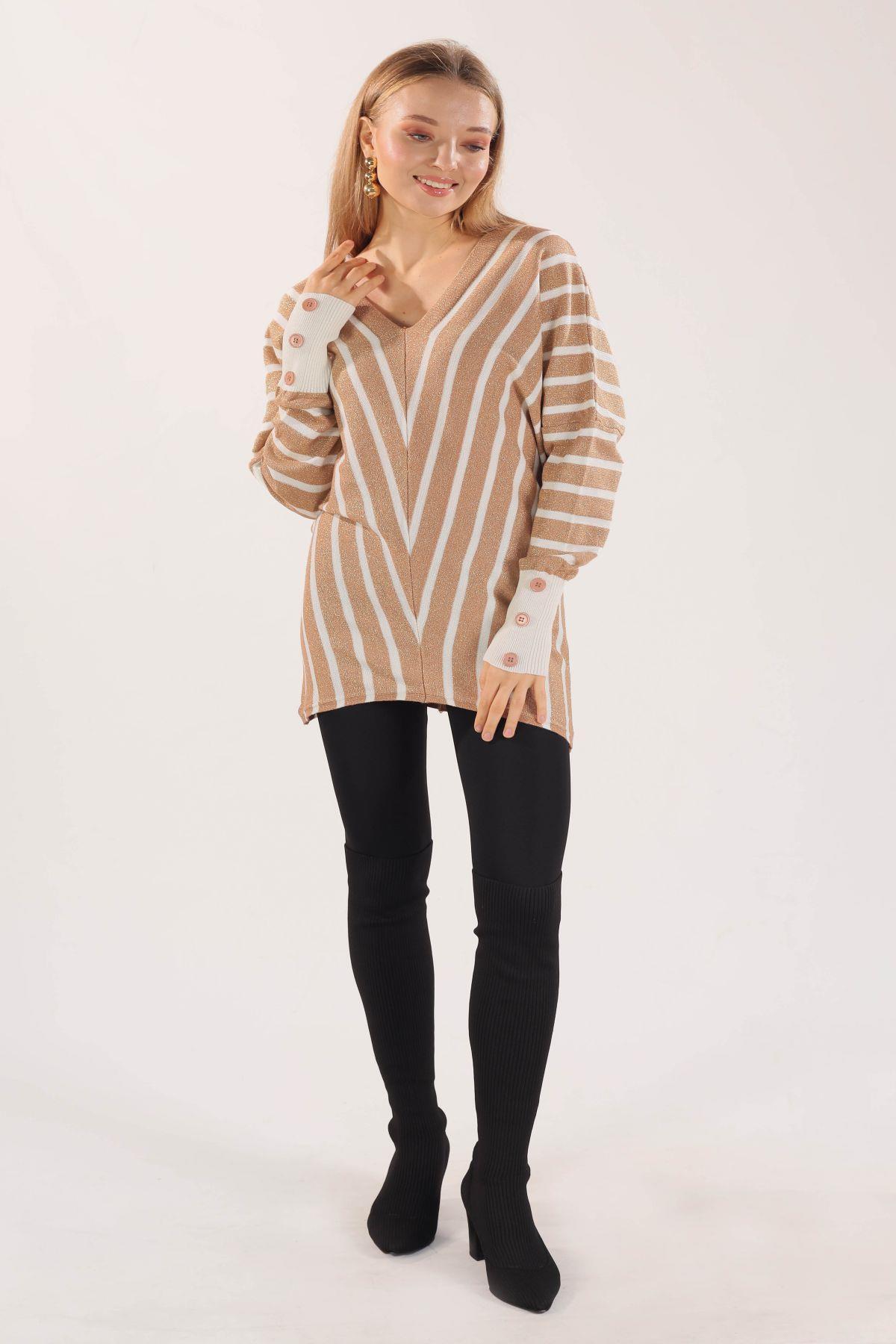 21004 Omuz Zincir Çizgili Kazak Camel - 2