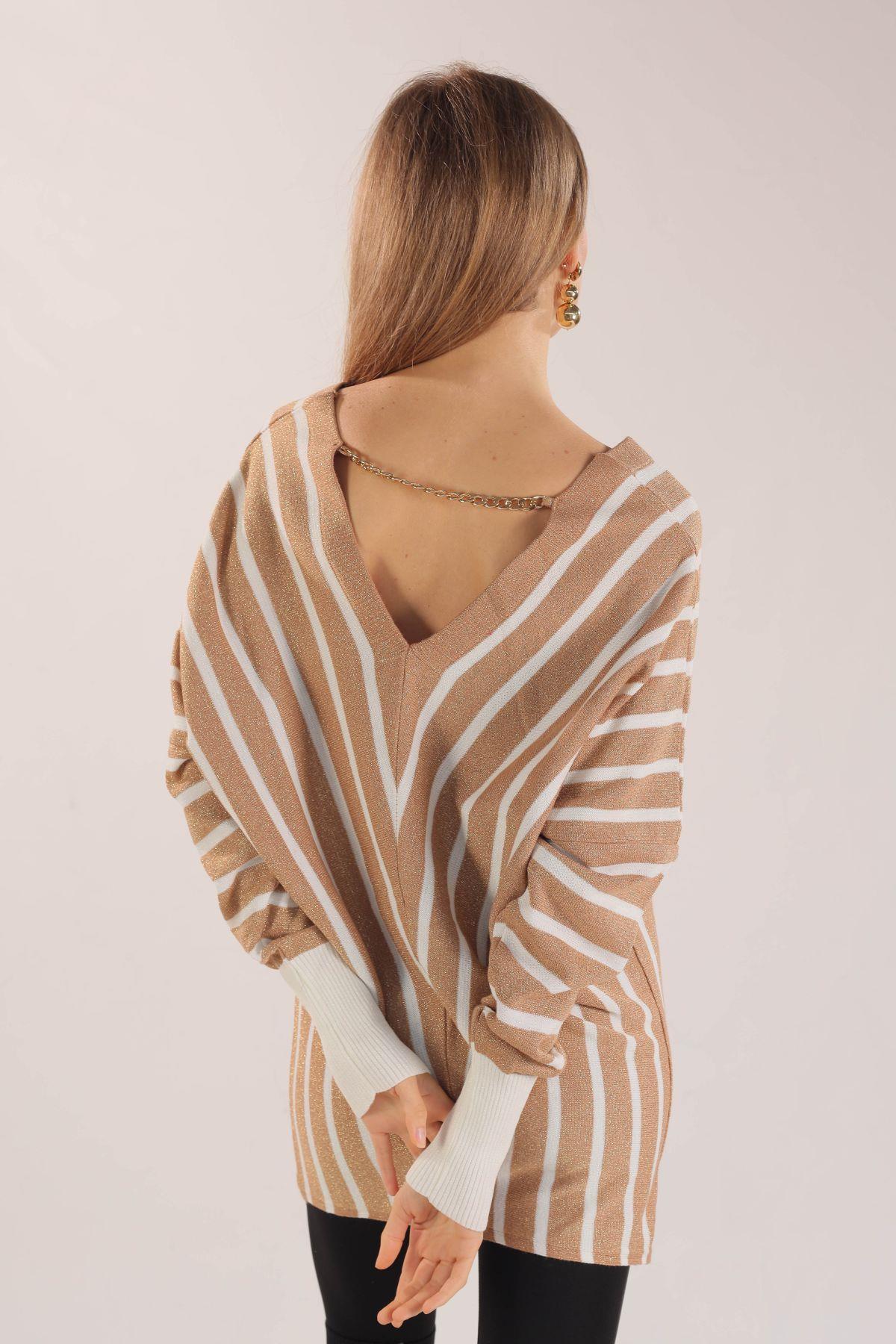 21004 Omuz Zincir Çizgili Kazak Camel - 5