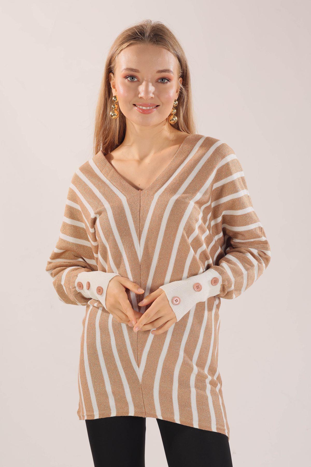 Camel Omuz Zincir Çizgili Kazak 21004 