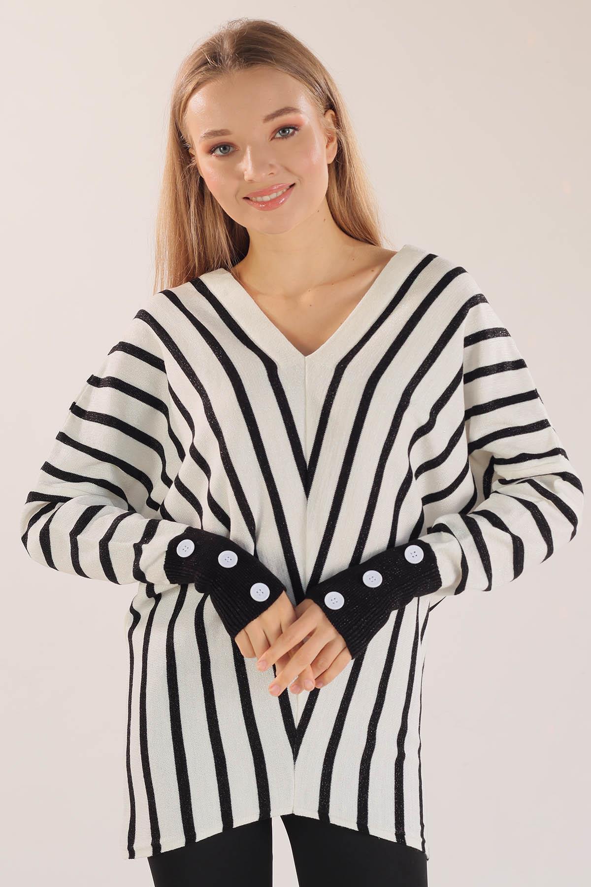 21004 Omuz Zincir Çizgili Kazak Ekru - 1