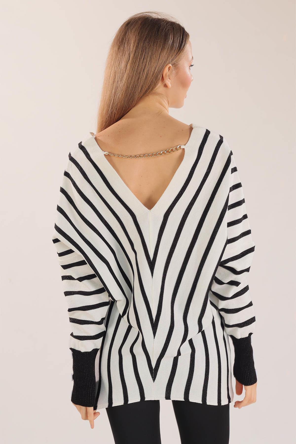 21004 Omuz Zincir Çizgili Kazak Ekru - 5