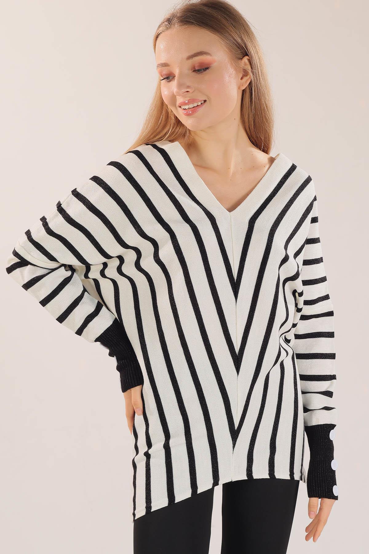 21004 Omuz Zincir Çizgili Kazak Ekru - 3