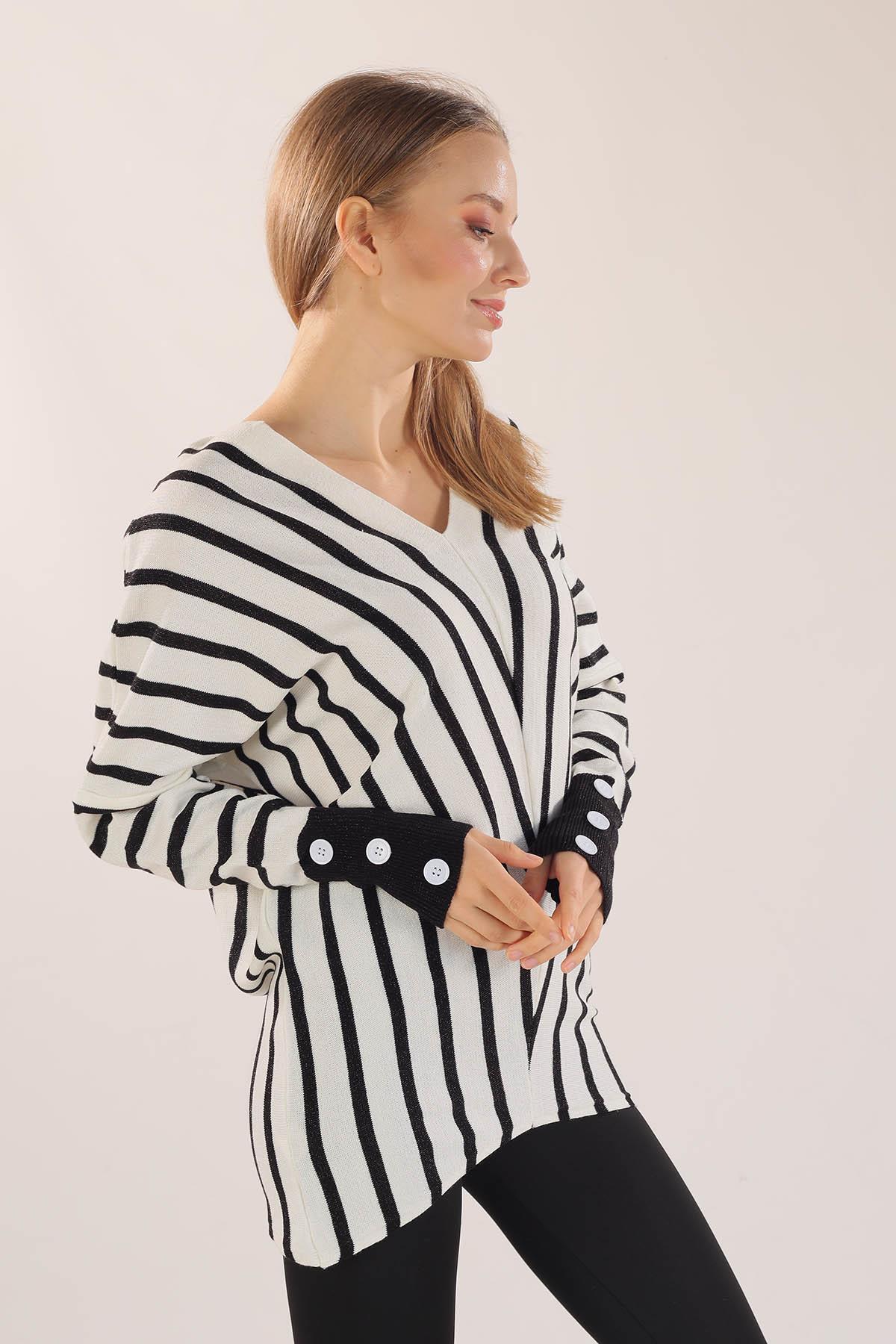 Ekru Omuz Zincir Çizgili Kazak 21004 - 4