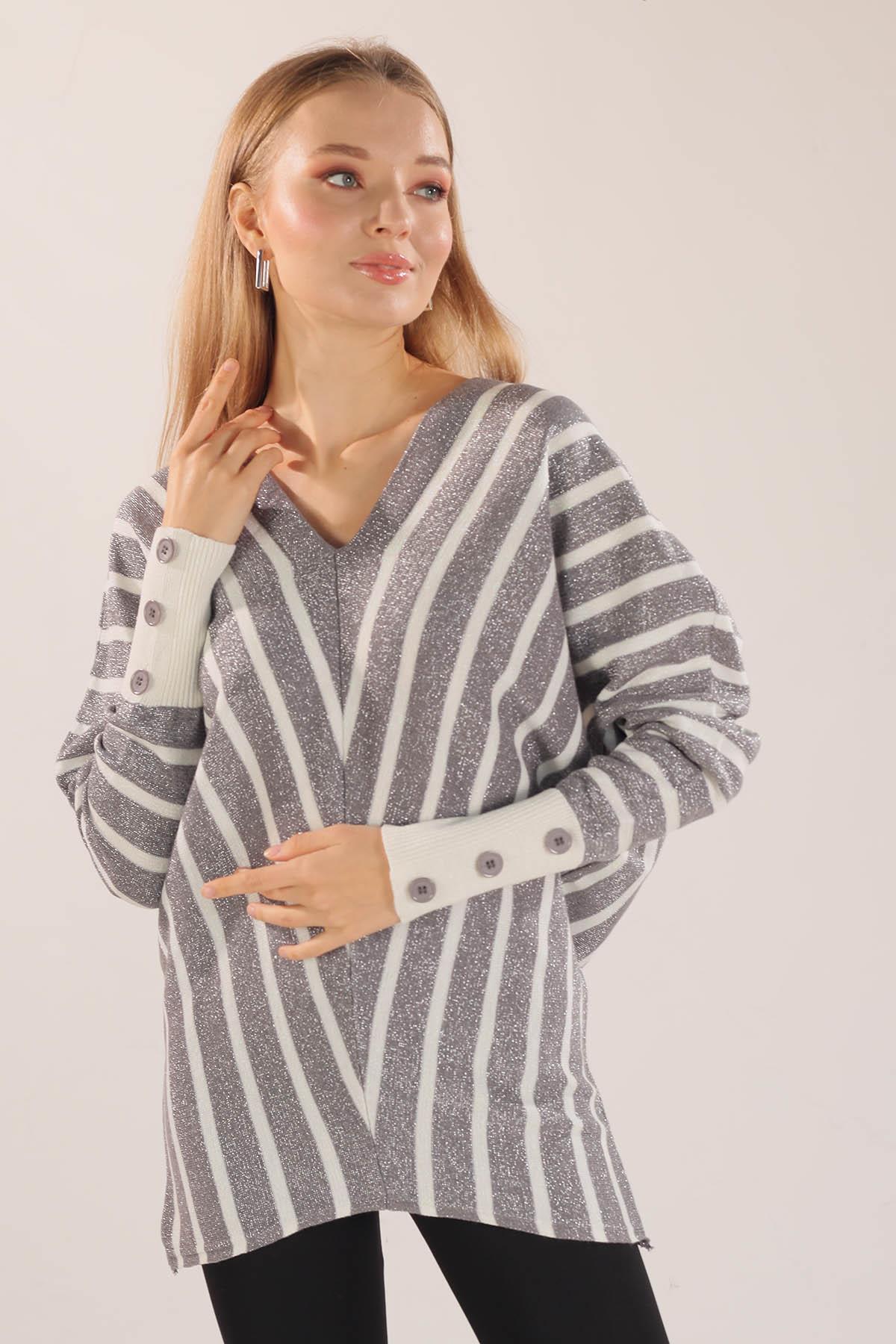 21004 Omuz Zincir Çizgili Kazak Gri 