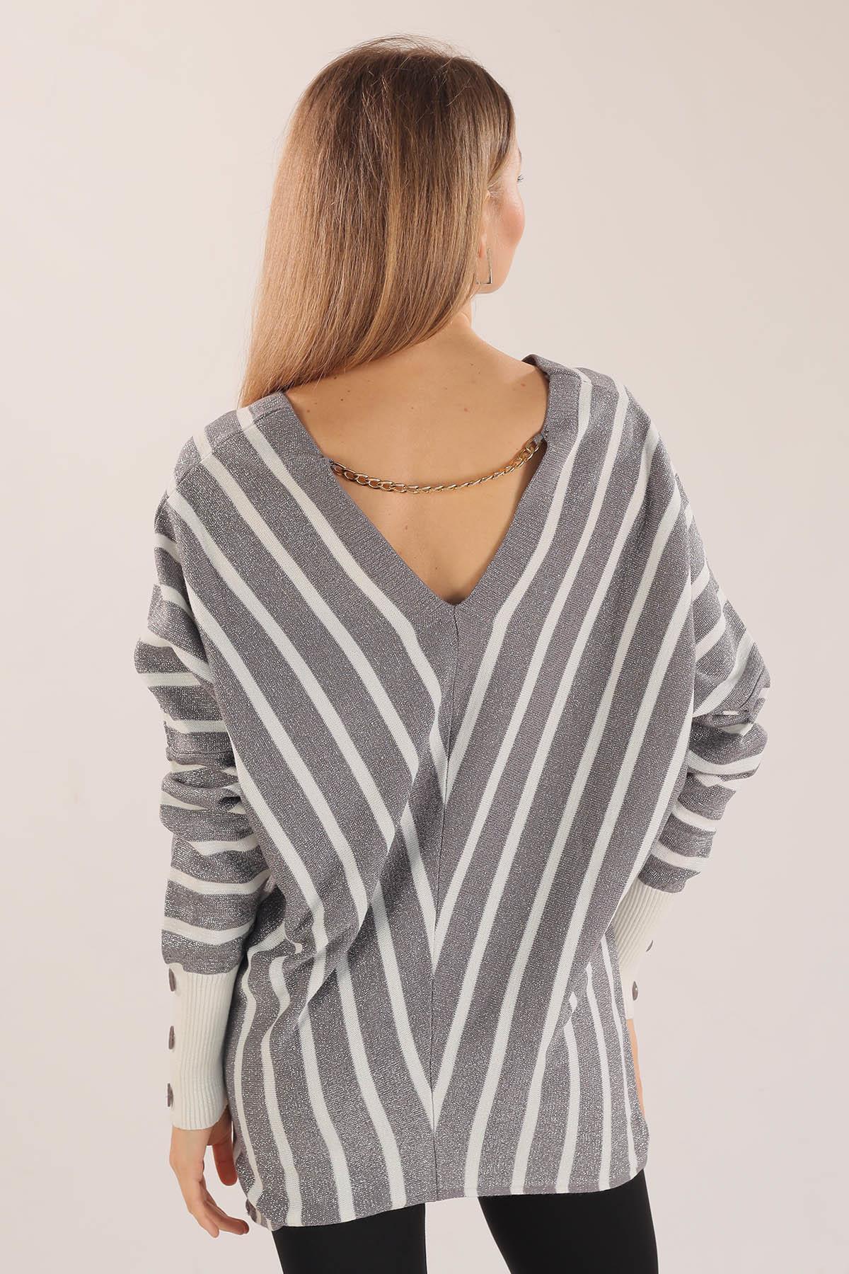 21004 Omuz Zincir Çizgili Kazak Gri - 3