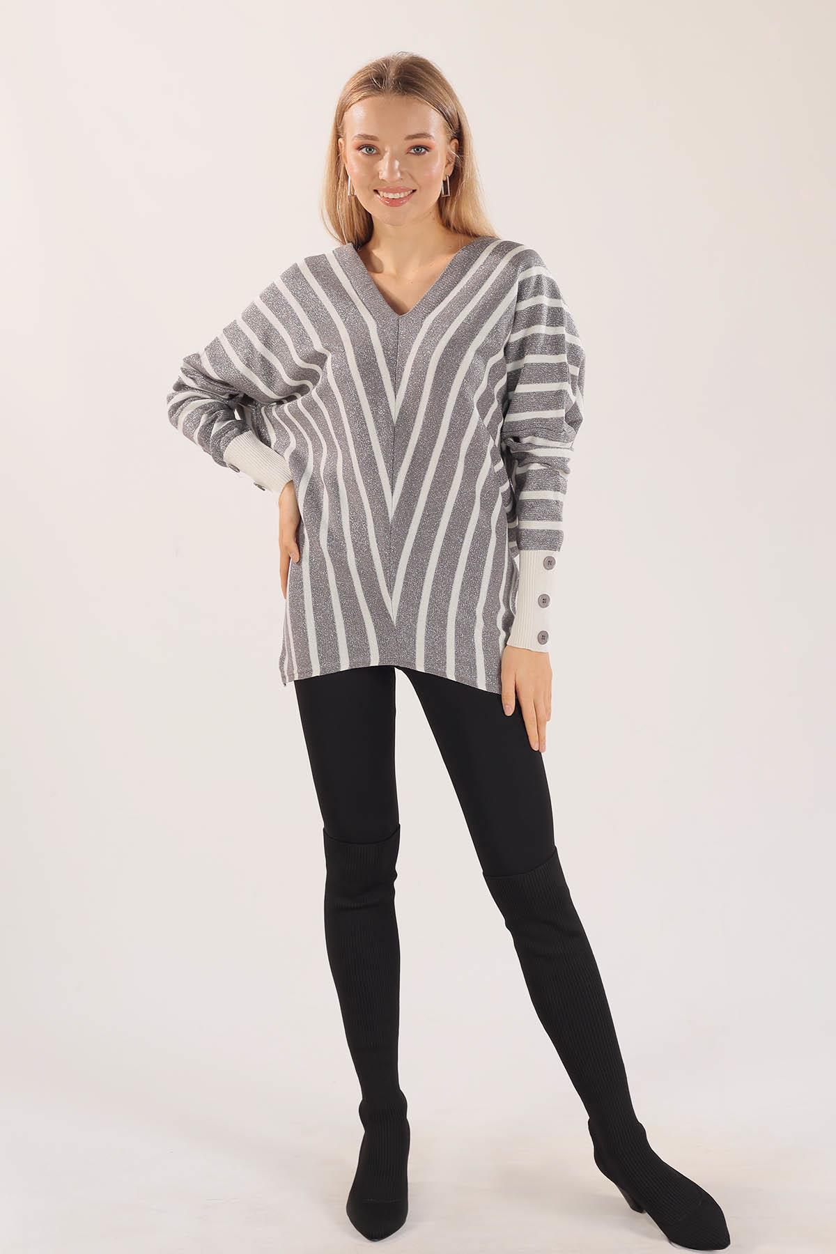 21004 Omuz Zincir Çizgili Kazak Gri - 6