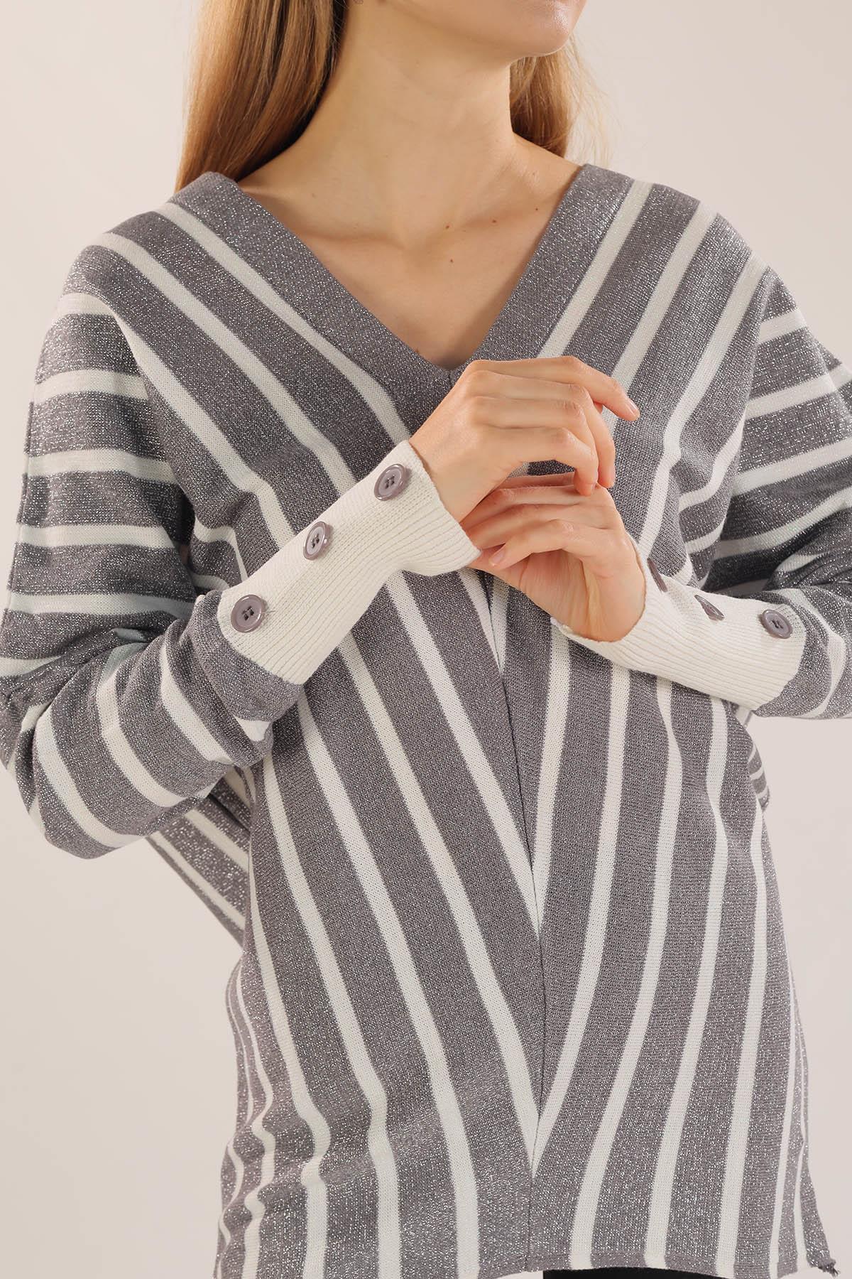 Gri Omuz Zincir Çizgili Kazak 21004 - 4