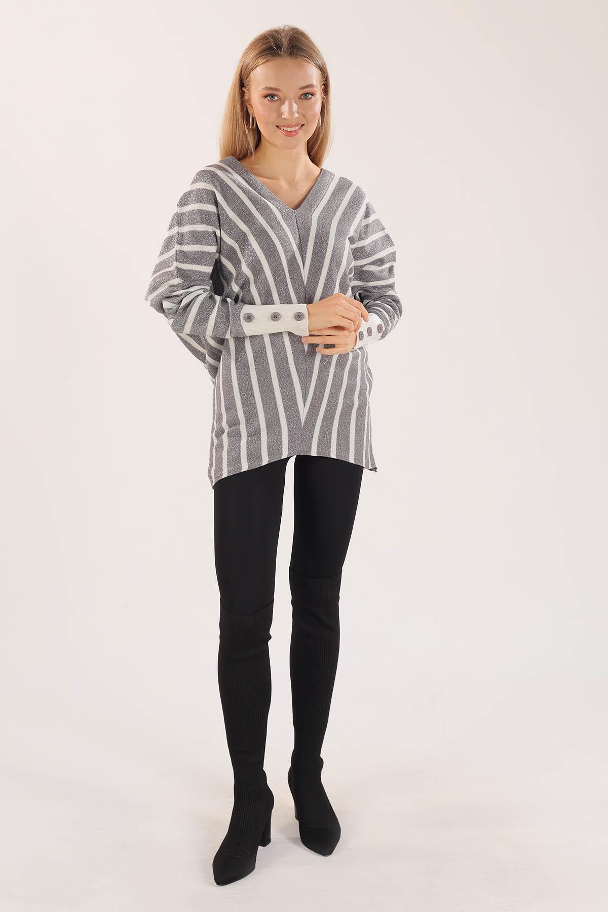 Gri Omuz Zincir Çizgili Kazak 21004 - 5