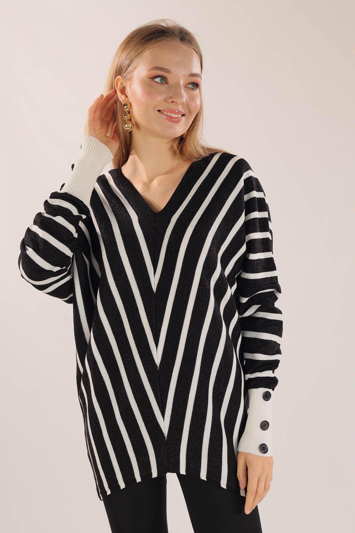 21004 Omuz Zincir Çizgili Kazak Siyah - 4