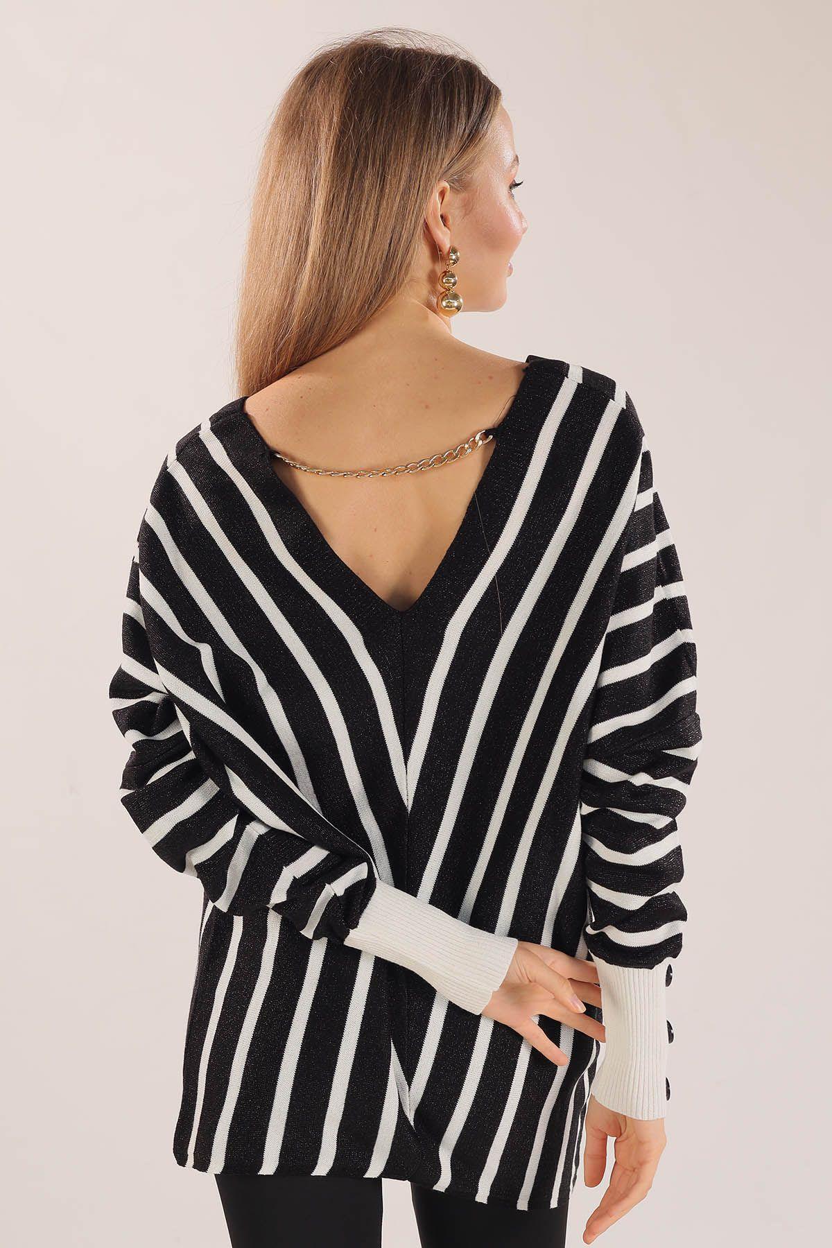 Siyah Omuz Zincir Çizgili Kazak 21004 - 5