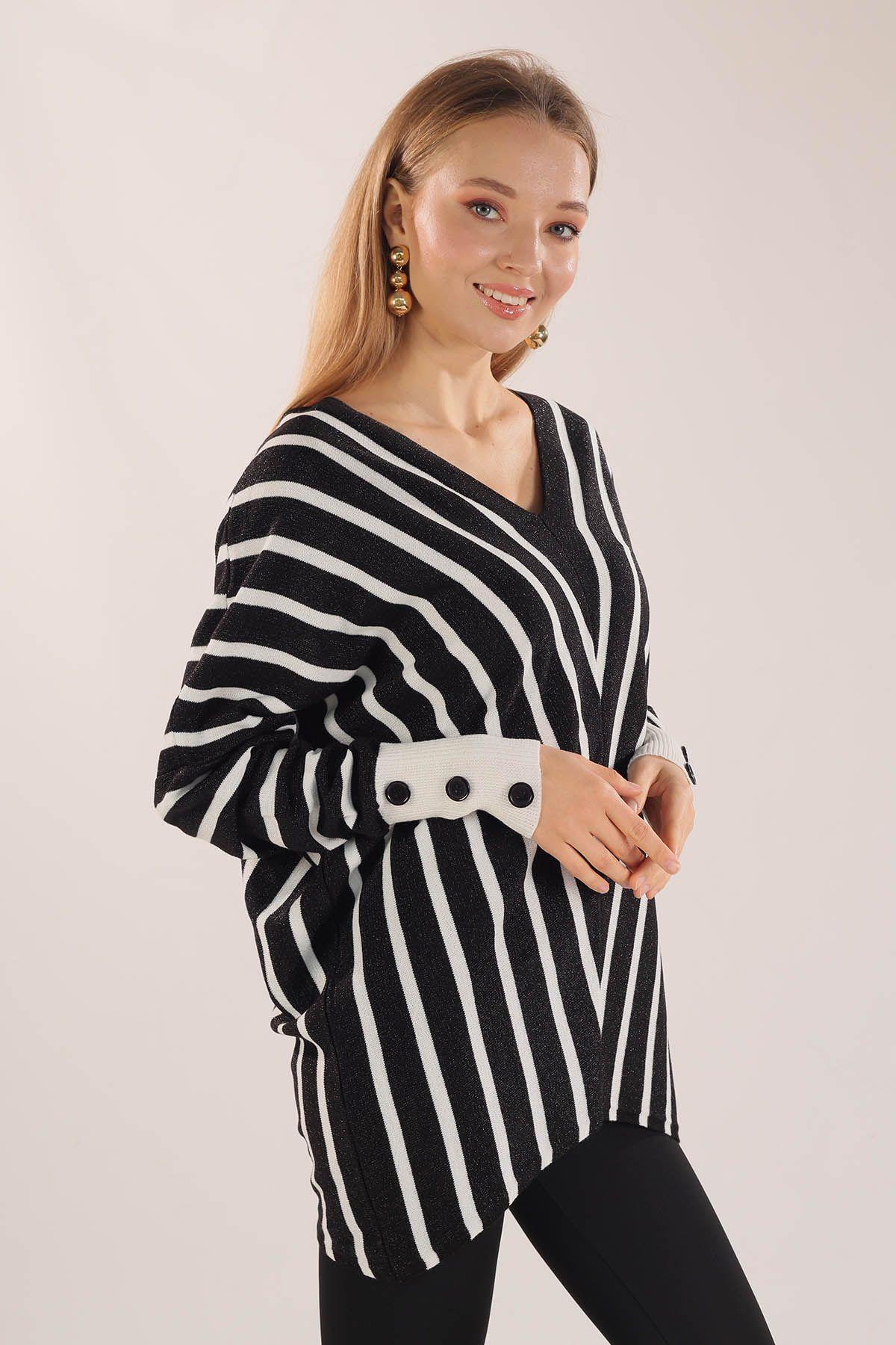 Siyah Omuz Zincir Çizgili Kazak 21004 - 7